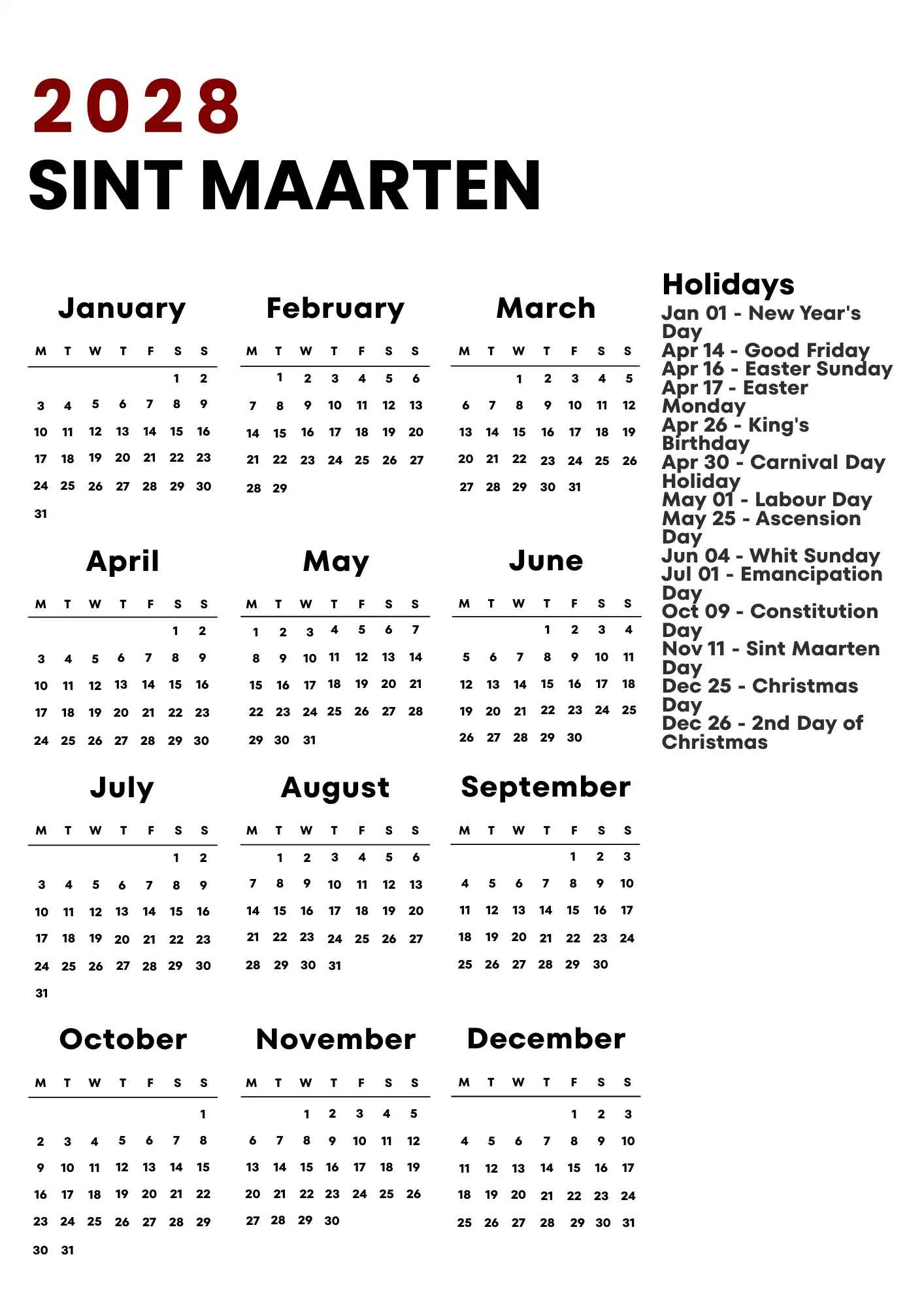 Sint Maarten Calendar 2028