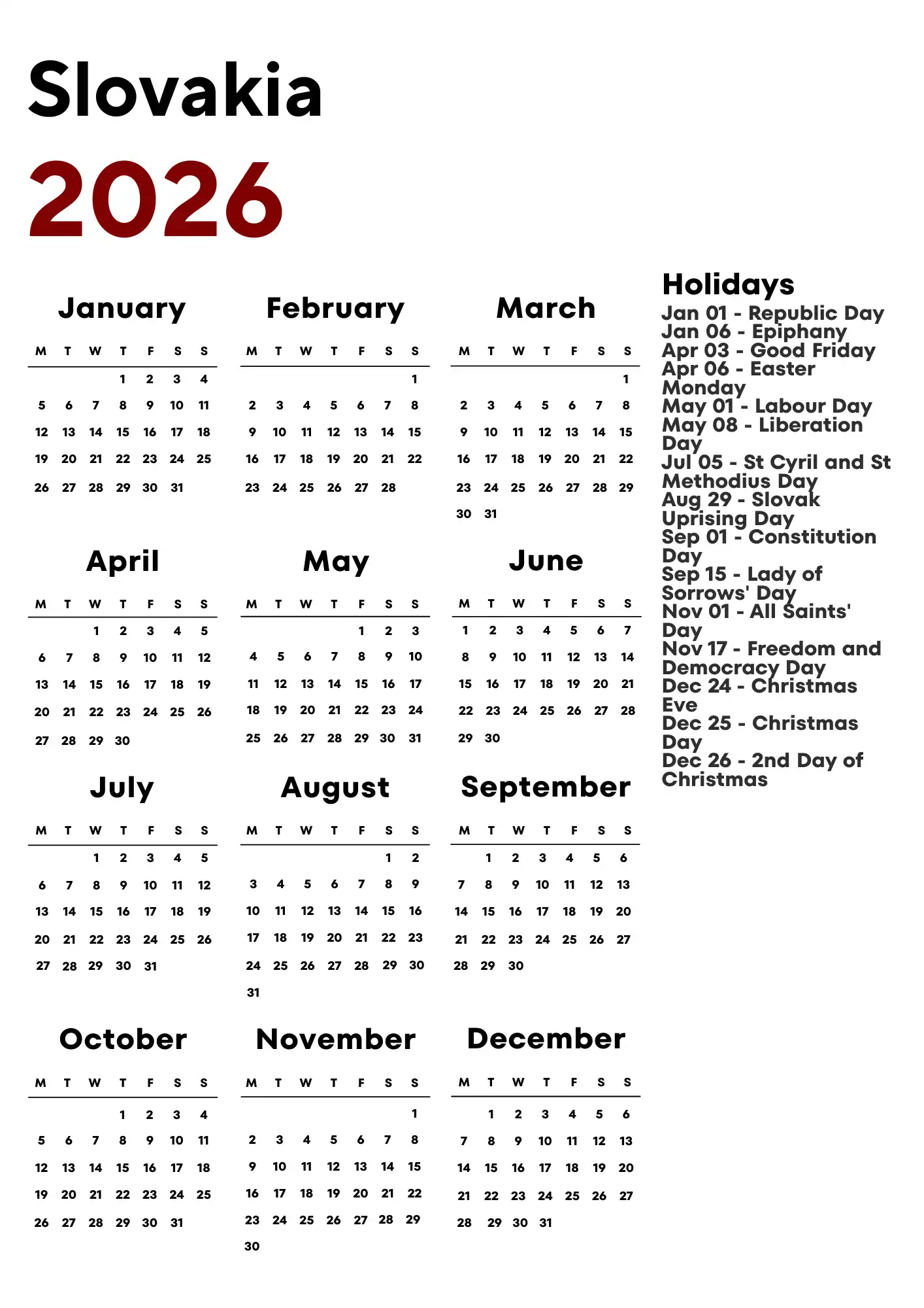Slovakia Calendar 2026