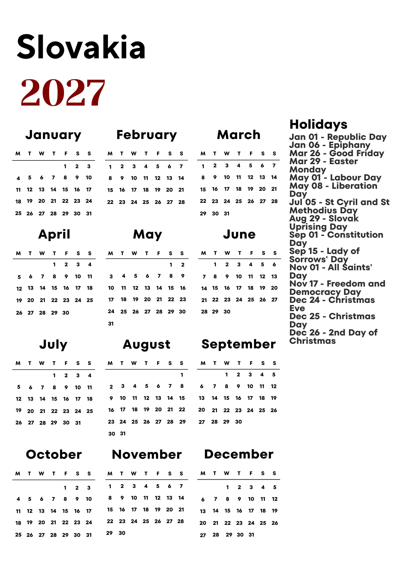 Slovakia Calendar 2027