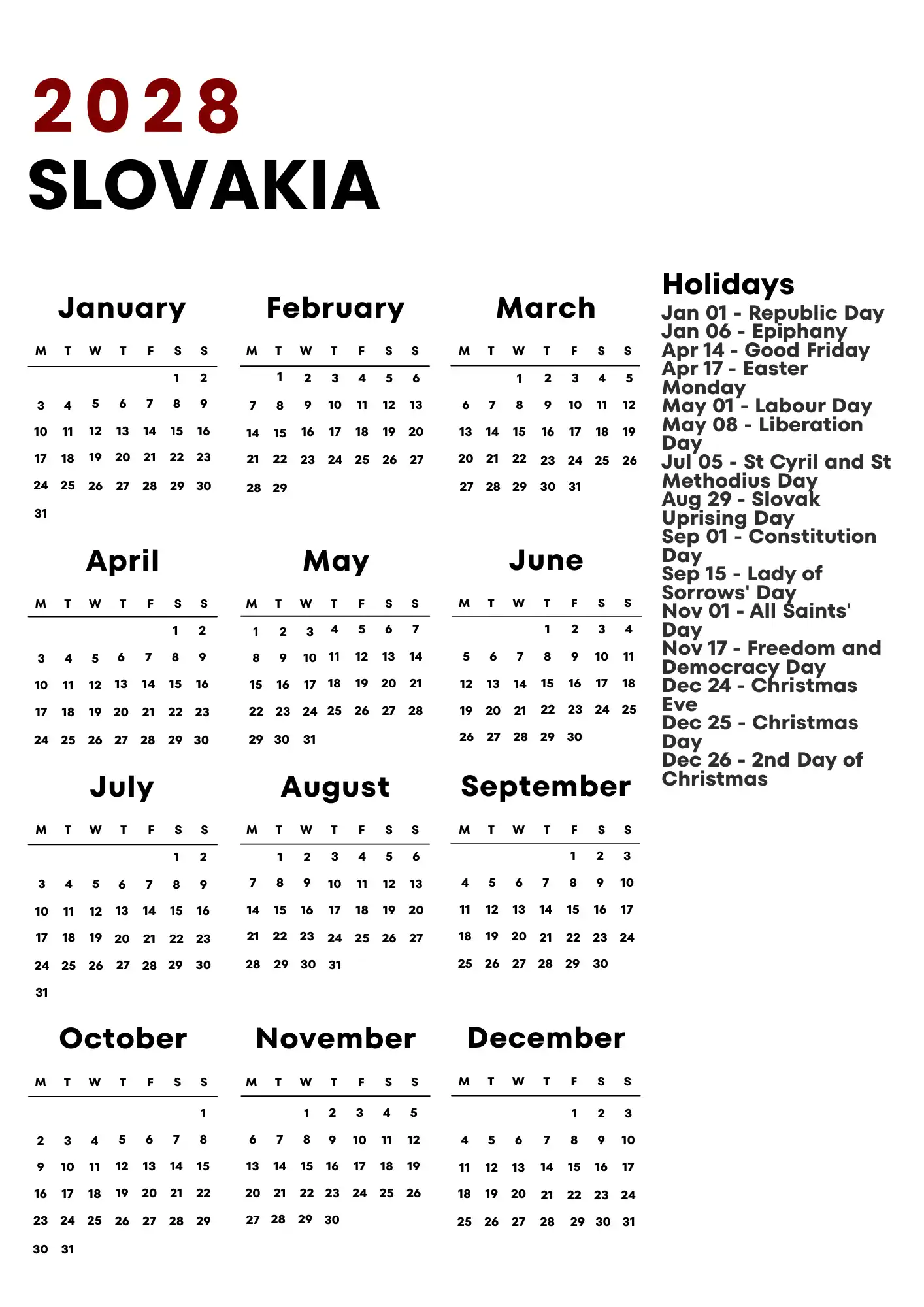 Slovakia Calendar 2028