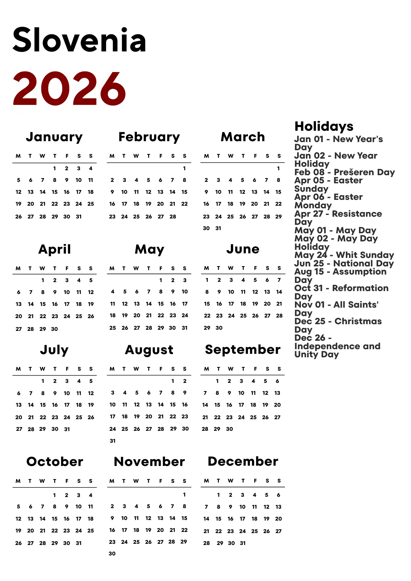 Slovenia Calendar 2026