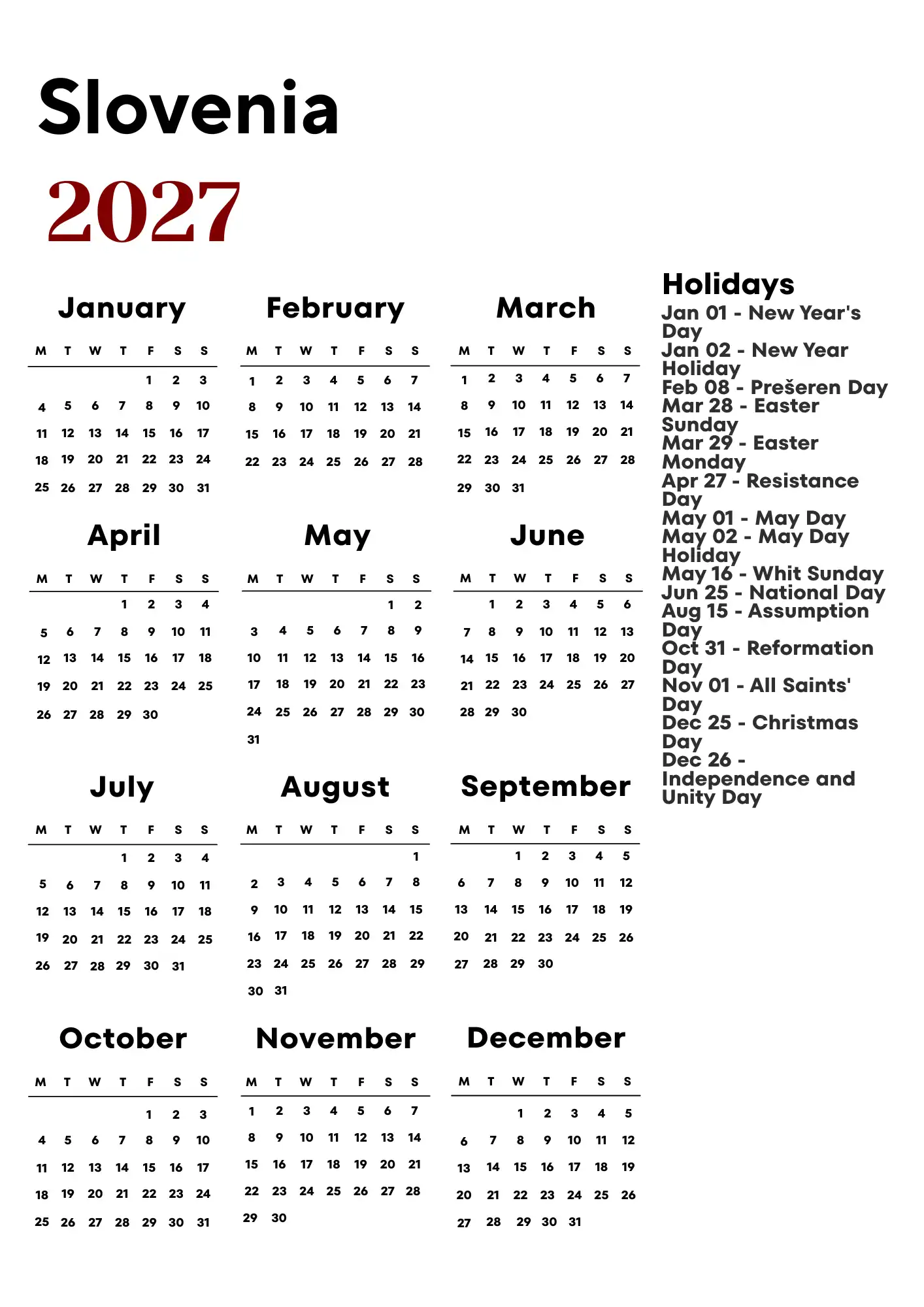 Slovenia Calendar 2027