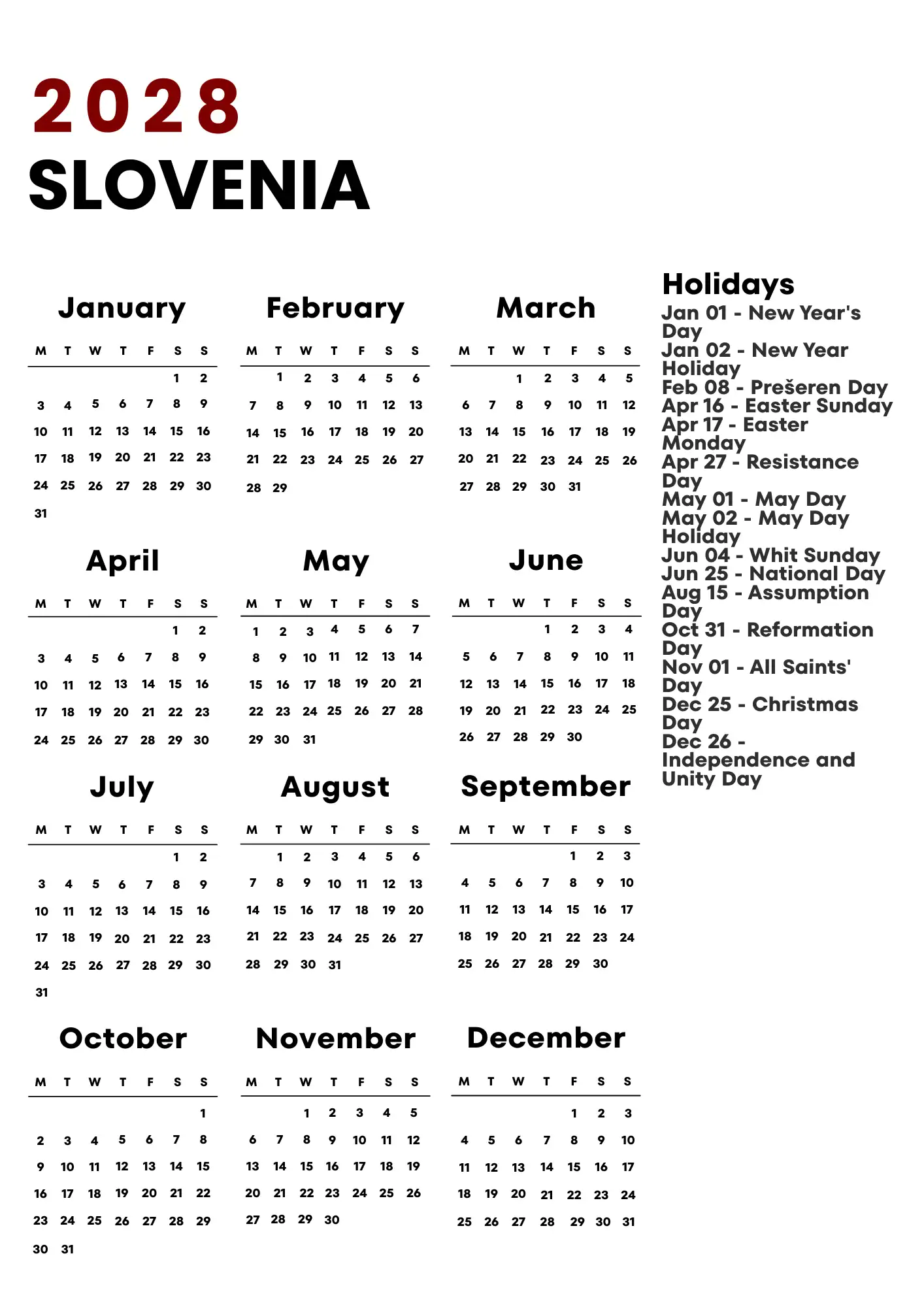 Slovenia Calendar 2028