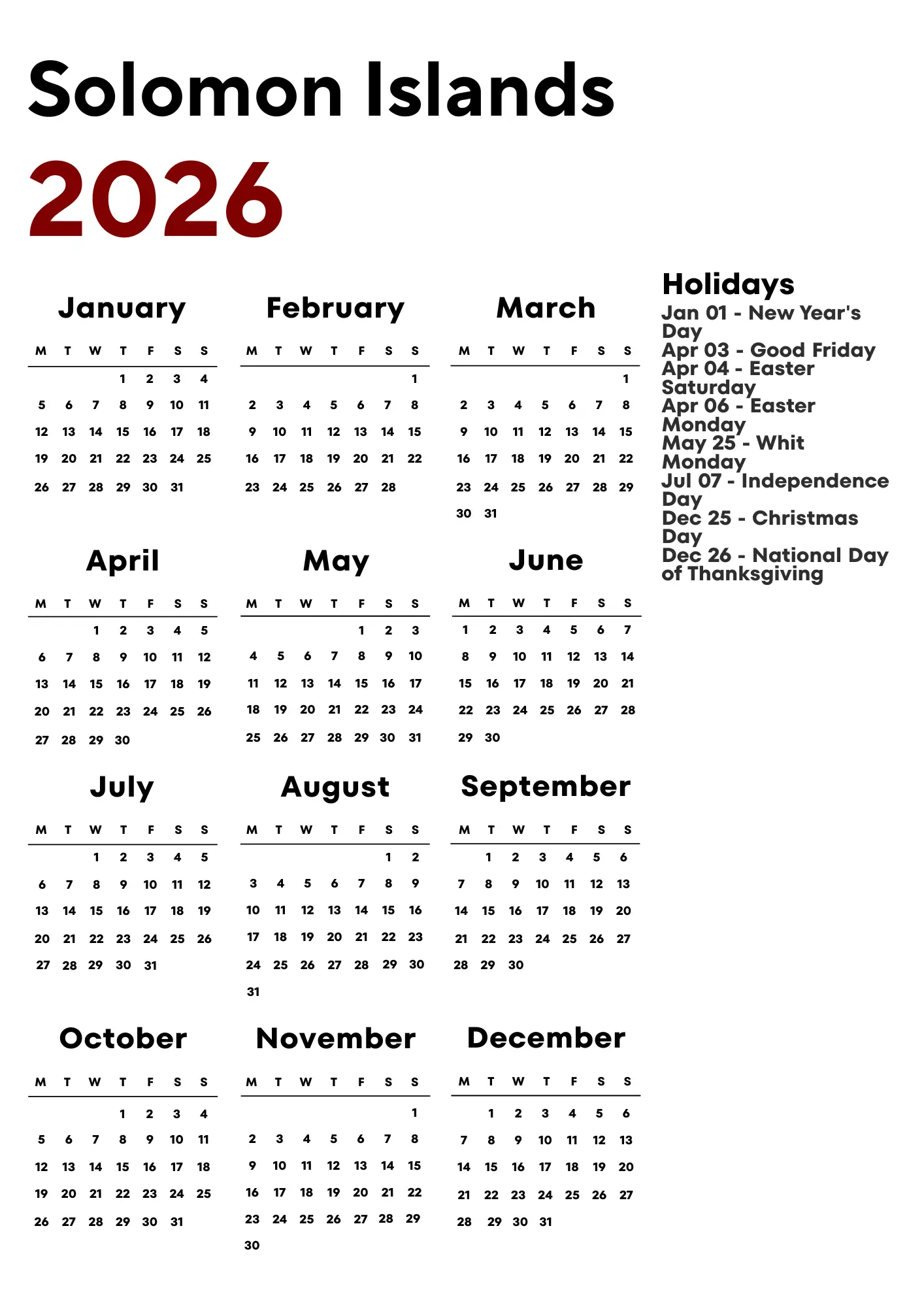Solomon Islands Calendar 2026