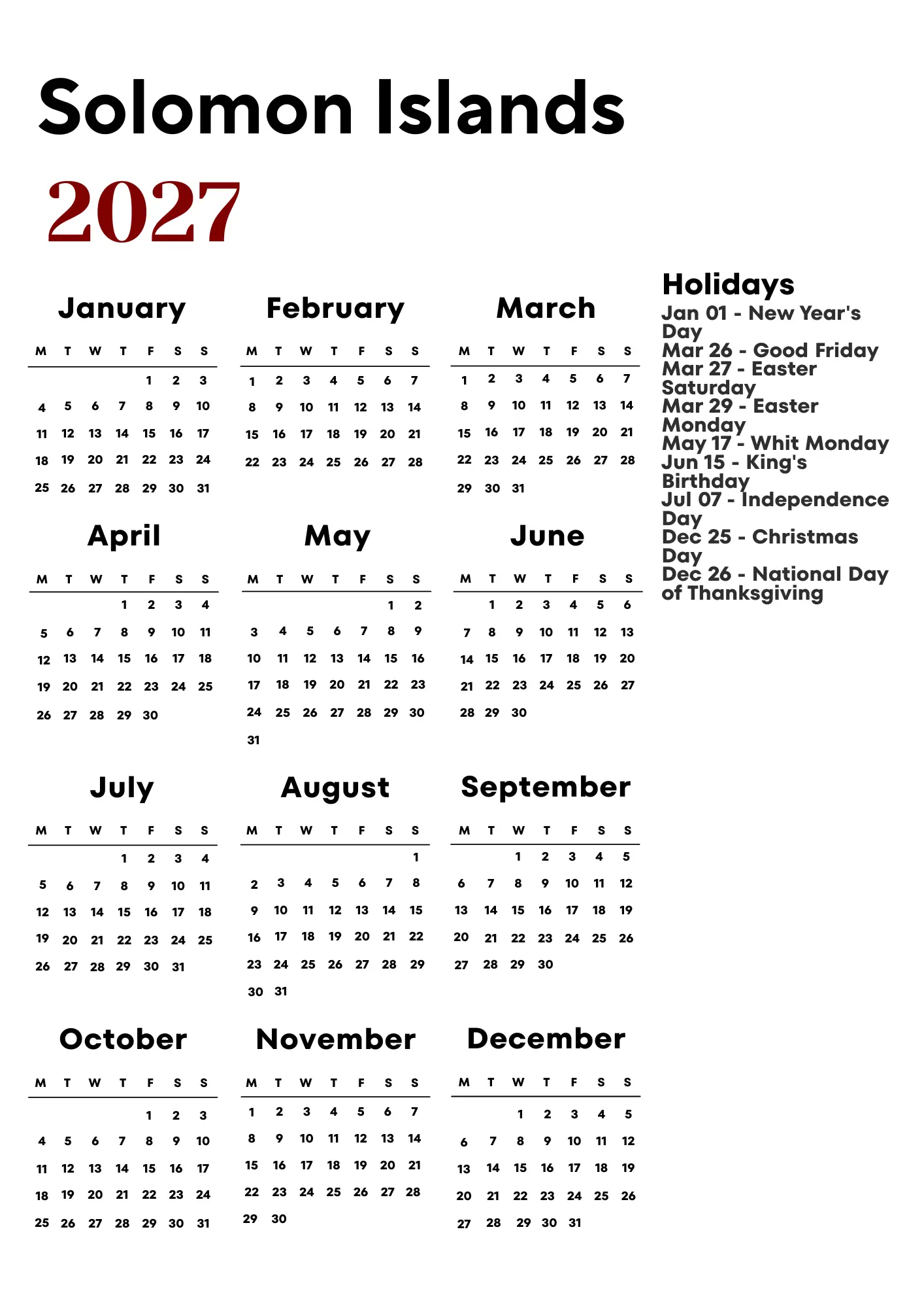 Solomon Islands Calendar 2027