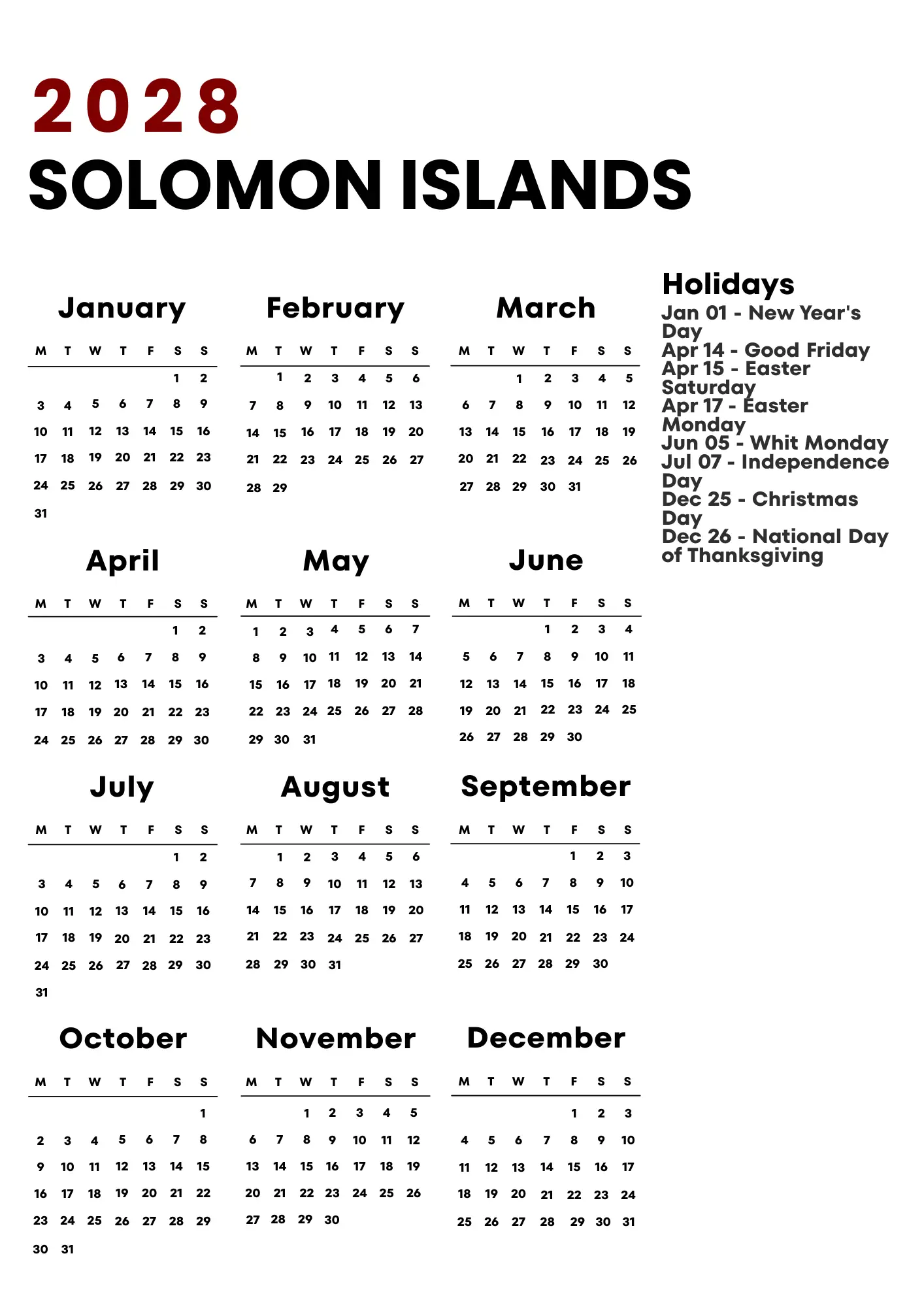 Solomon Islands Calendar 2028
