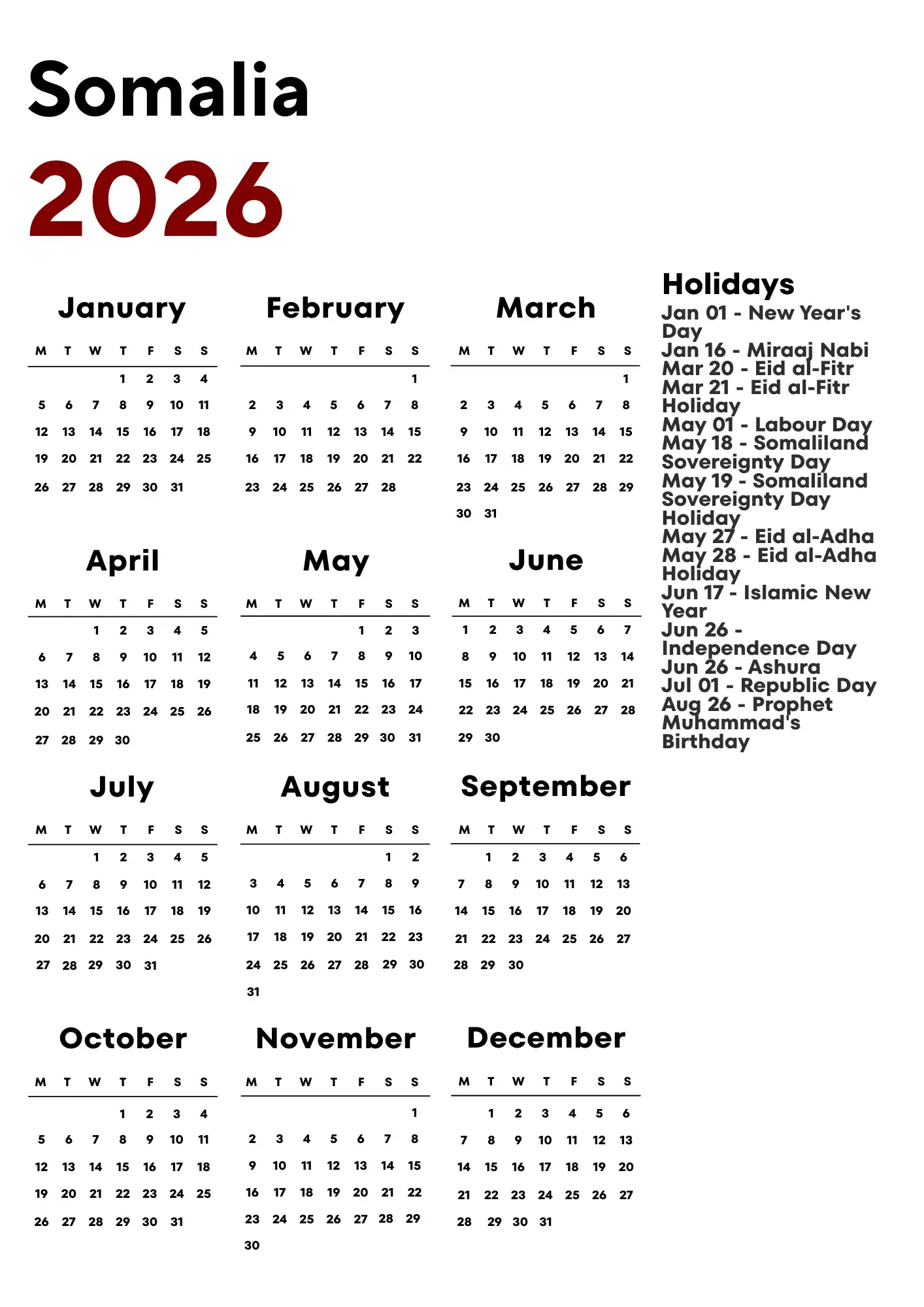 Somalia Calendar 2026