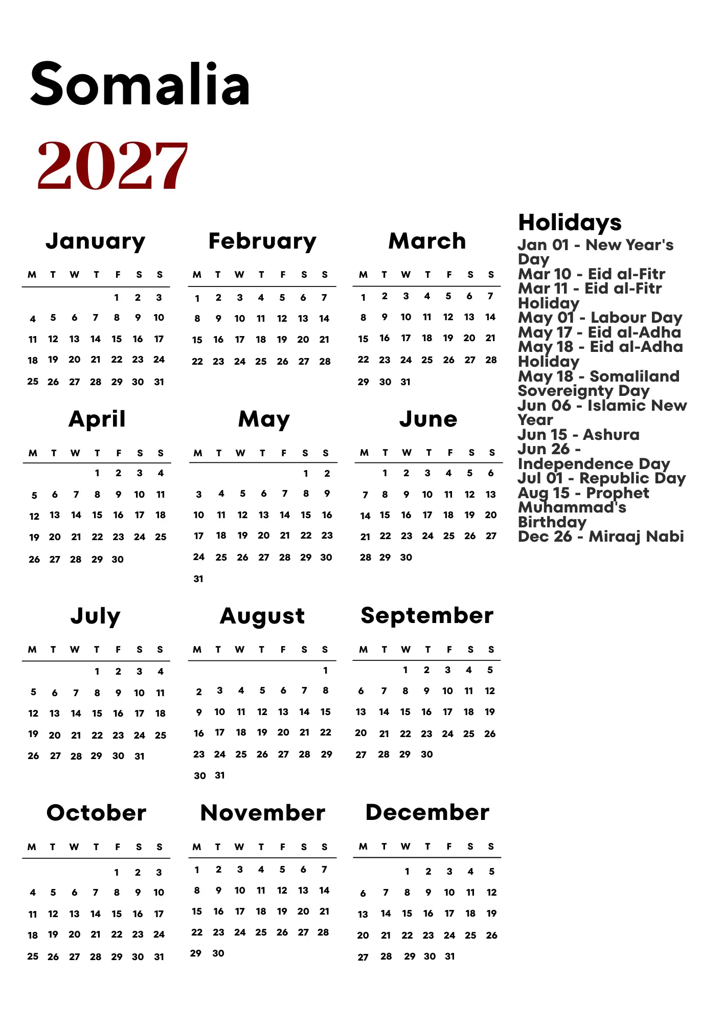 Somalia Calendar 2027