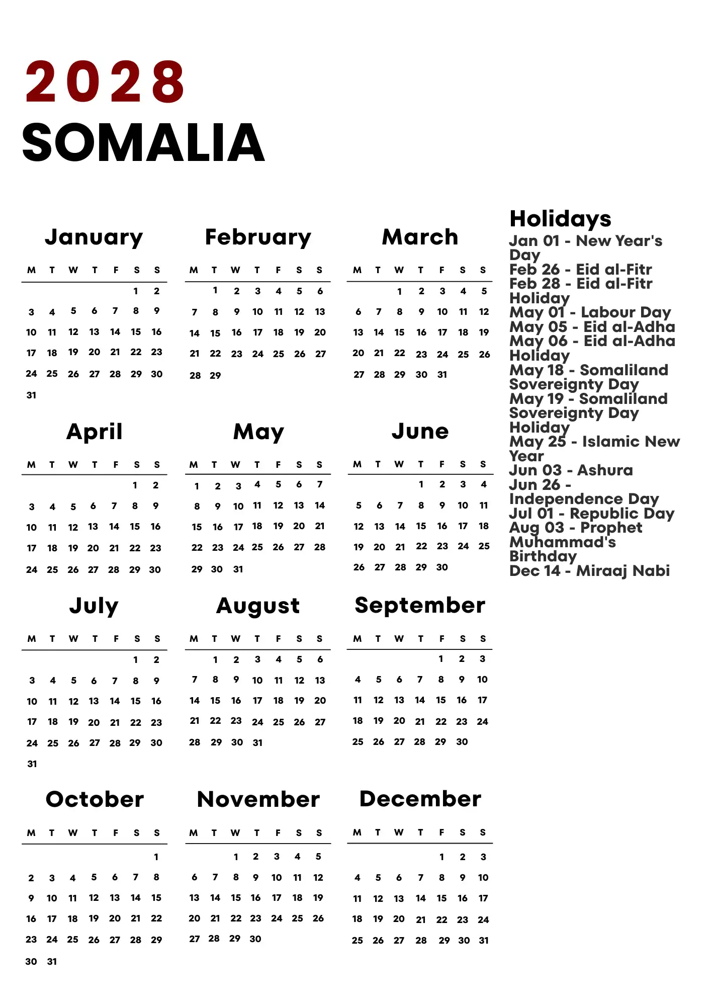 Somalia Calendar 2028