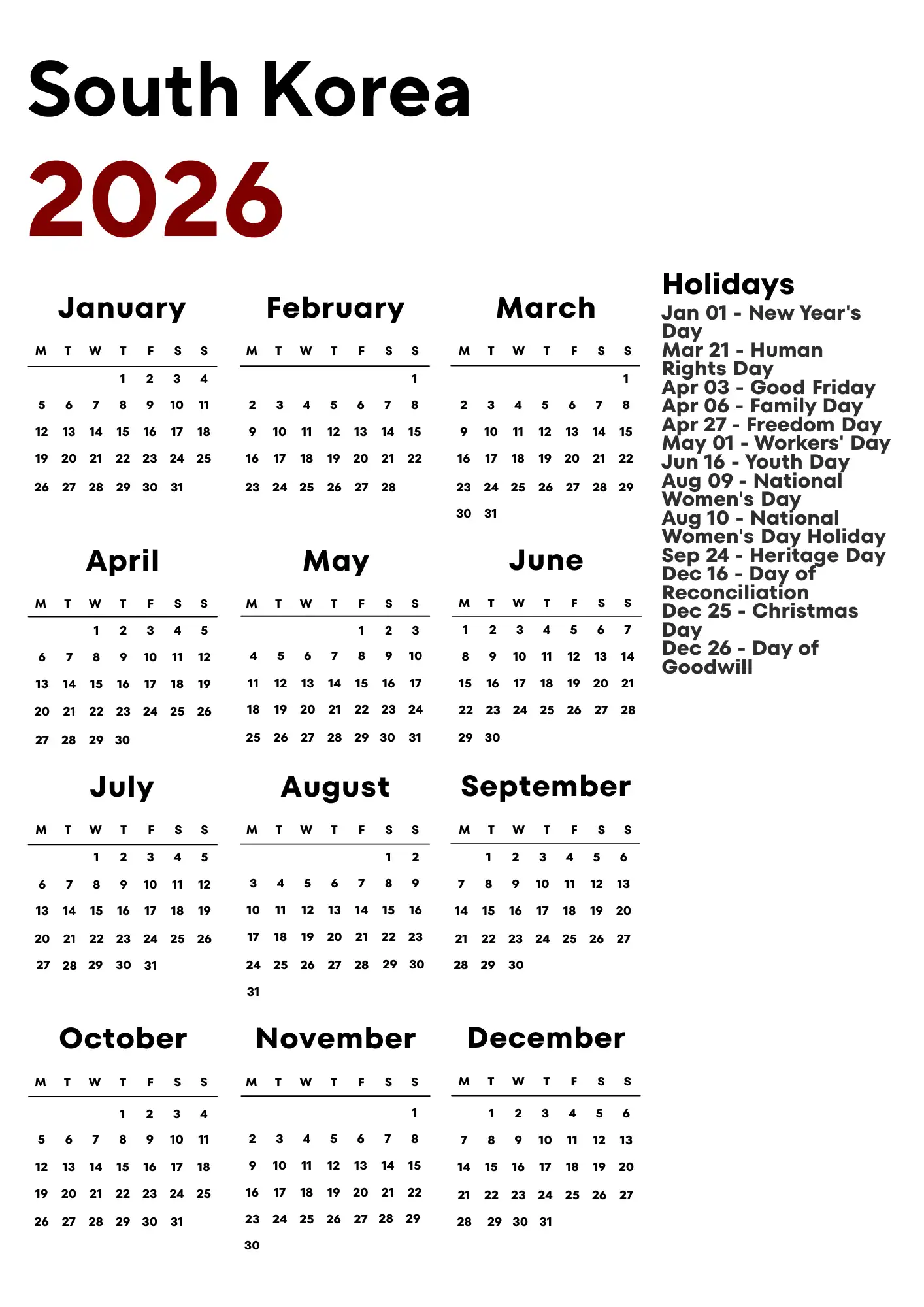 South Korea Calendar 2026