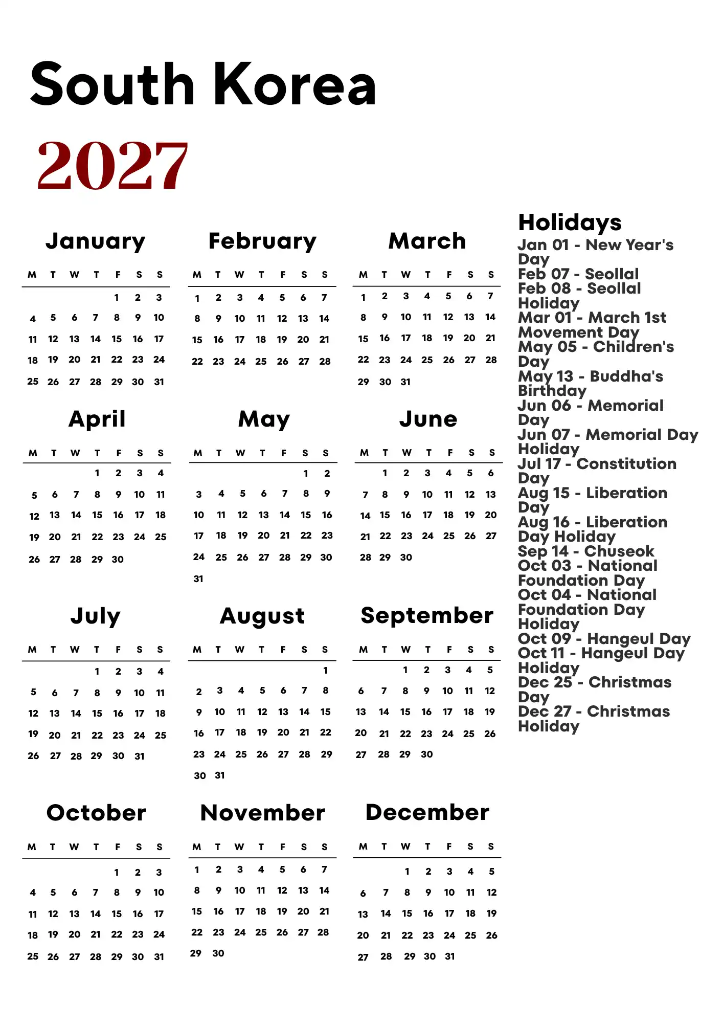 South Korea Calendar 2027