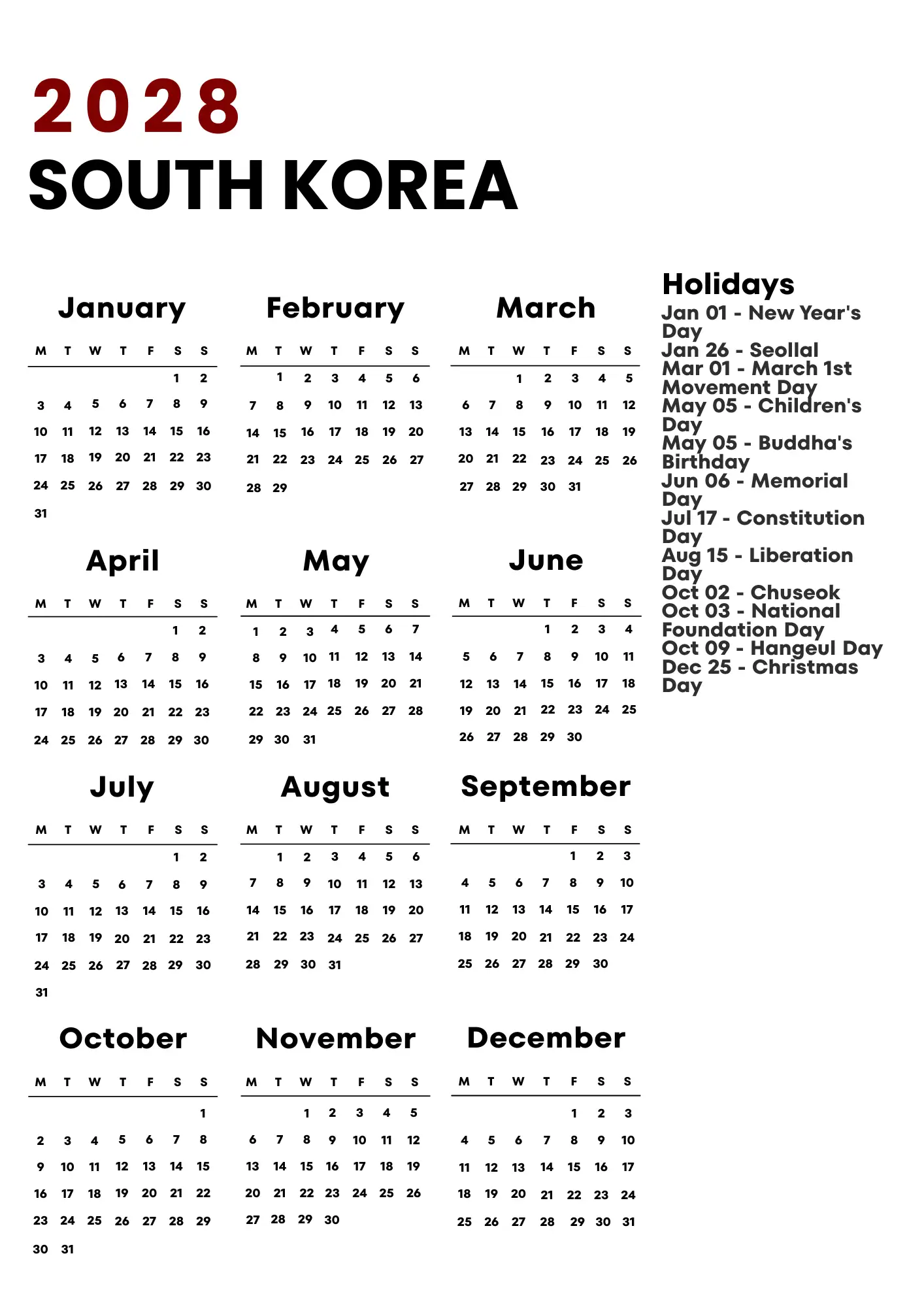 South Korea Calendar 2028