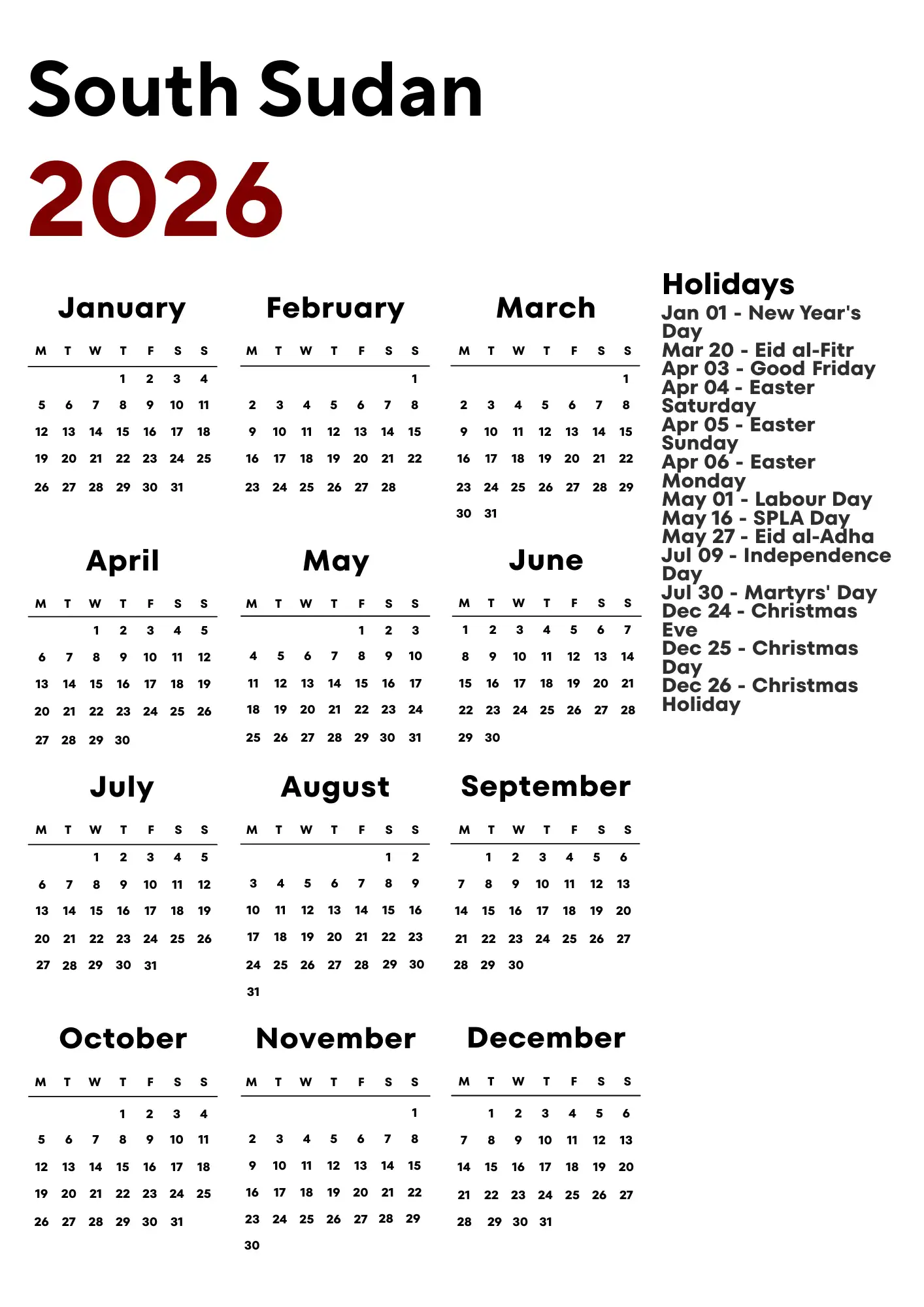 South Sudan Calendar 2026