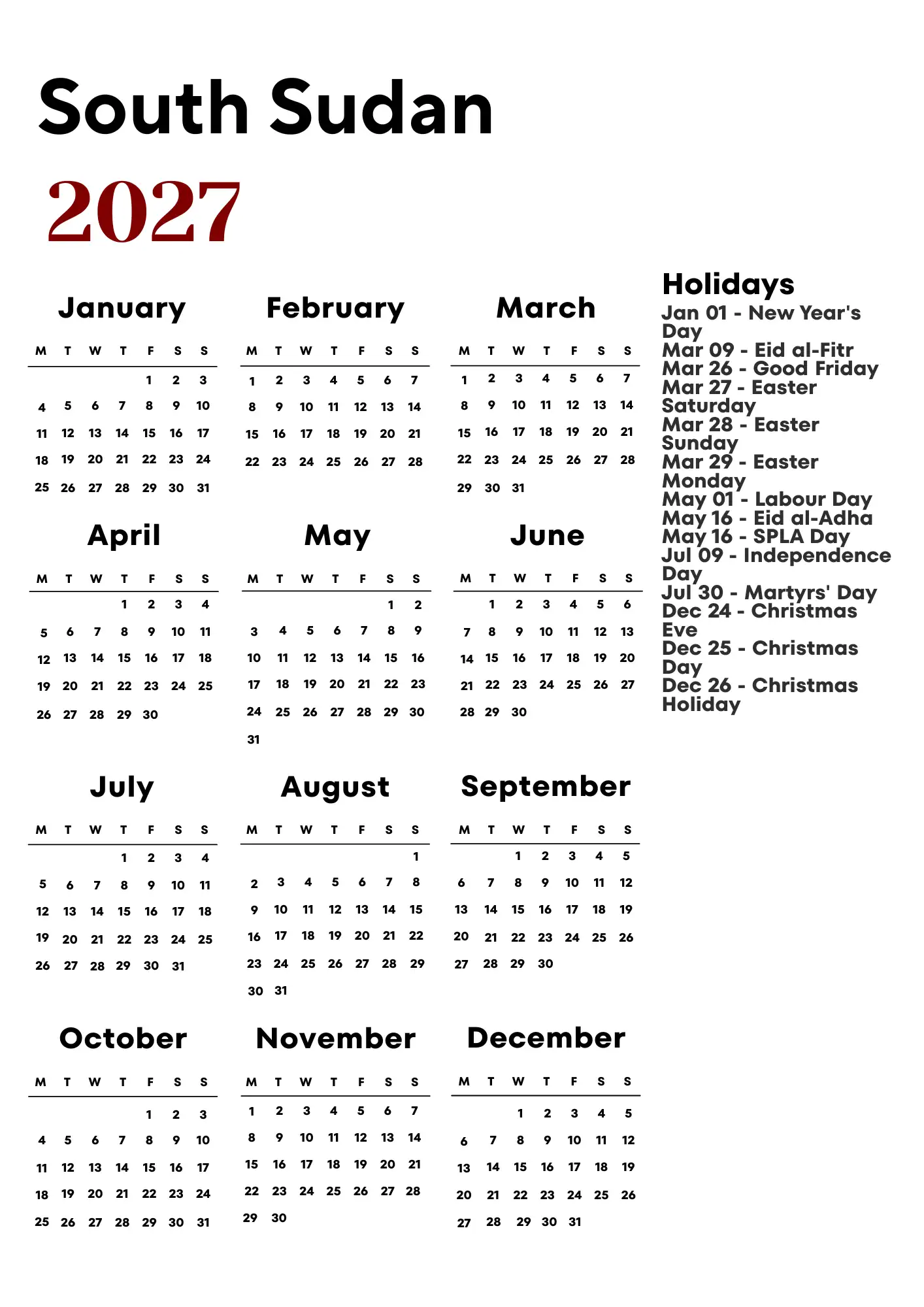South Sudan Calendar 2027