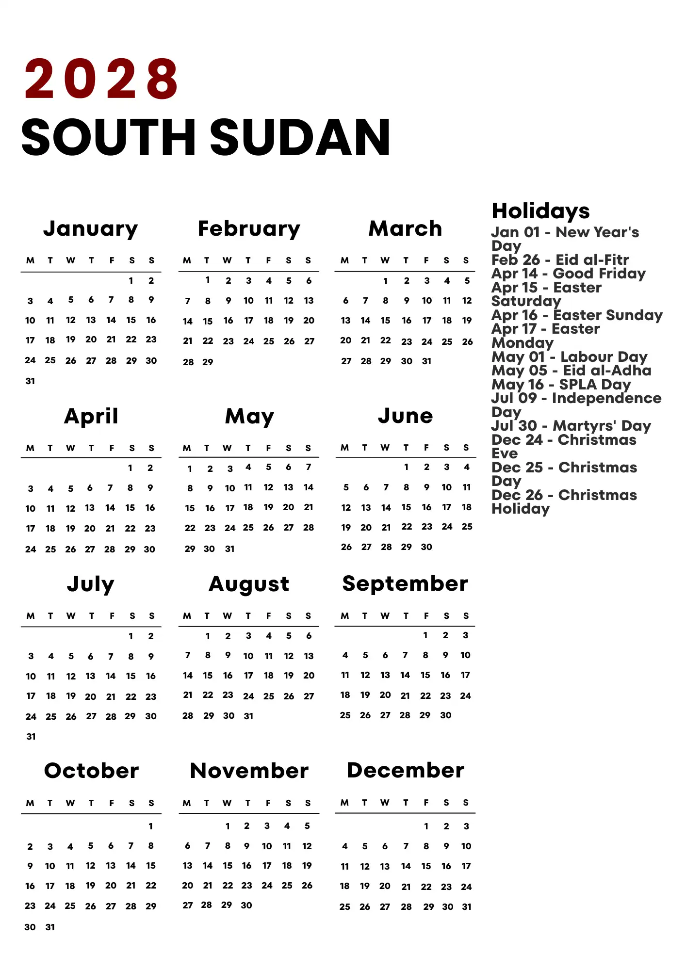 South Sudan Calendar 2028