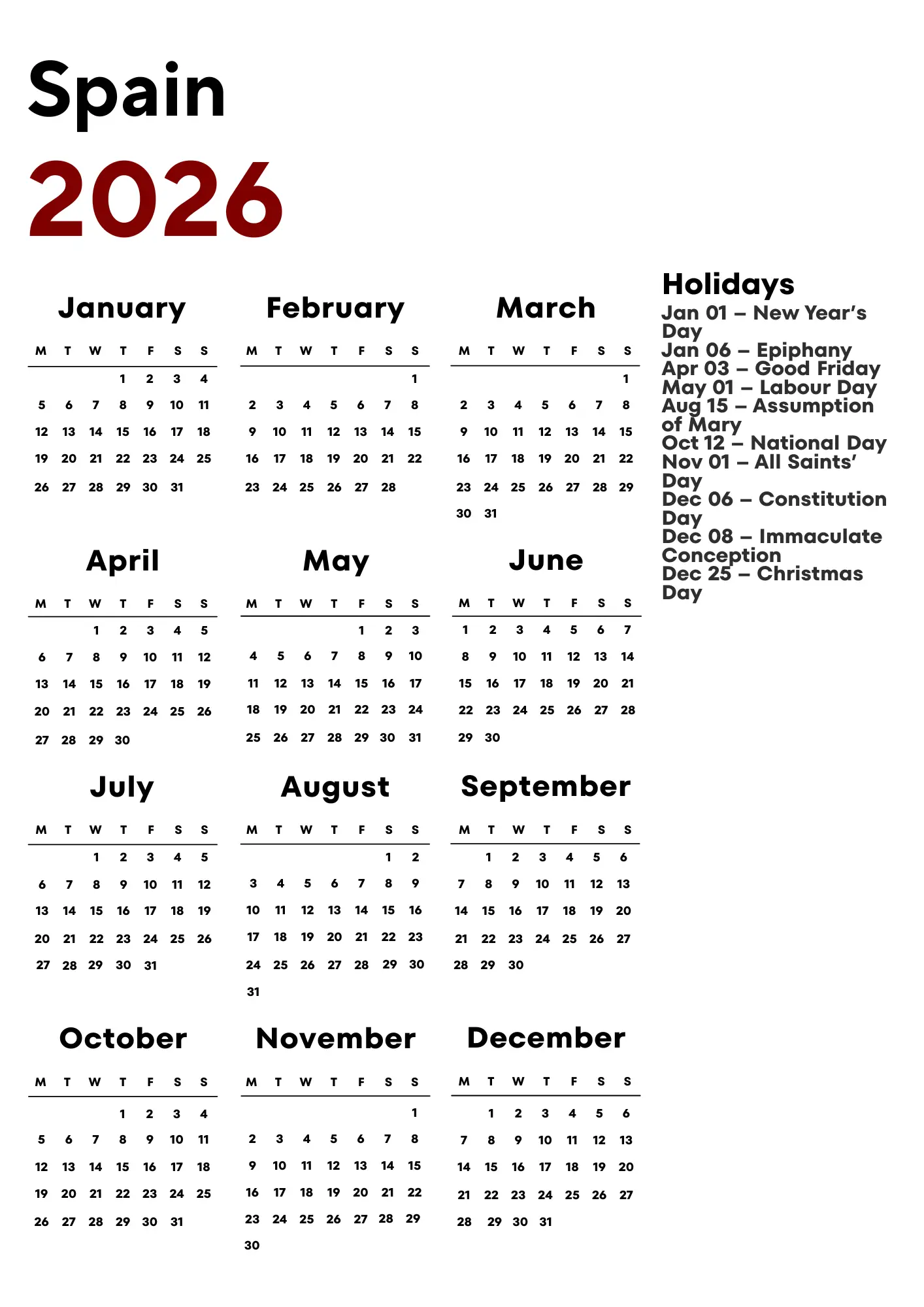Spain Calendar 2026