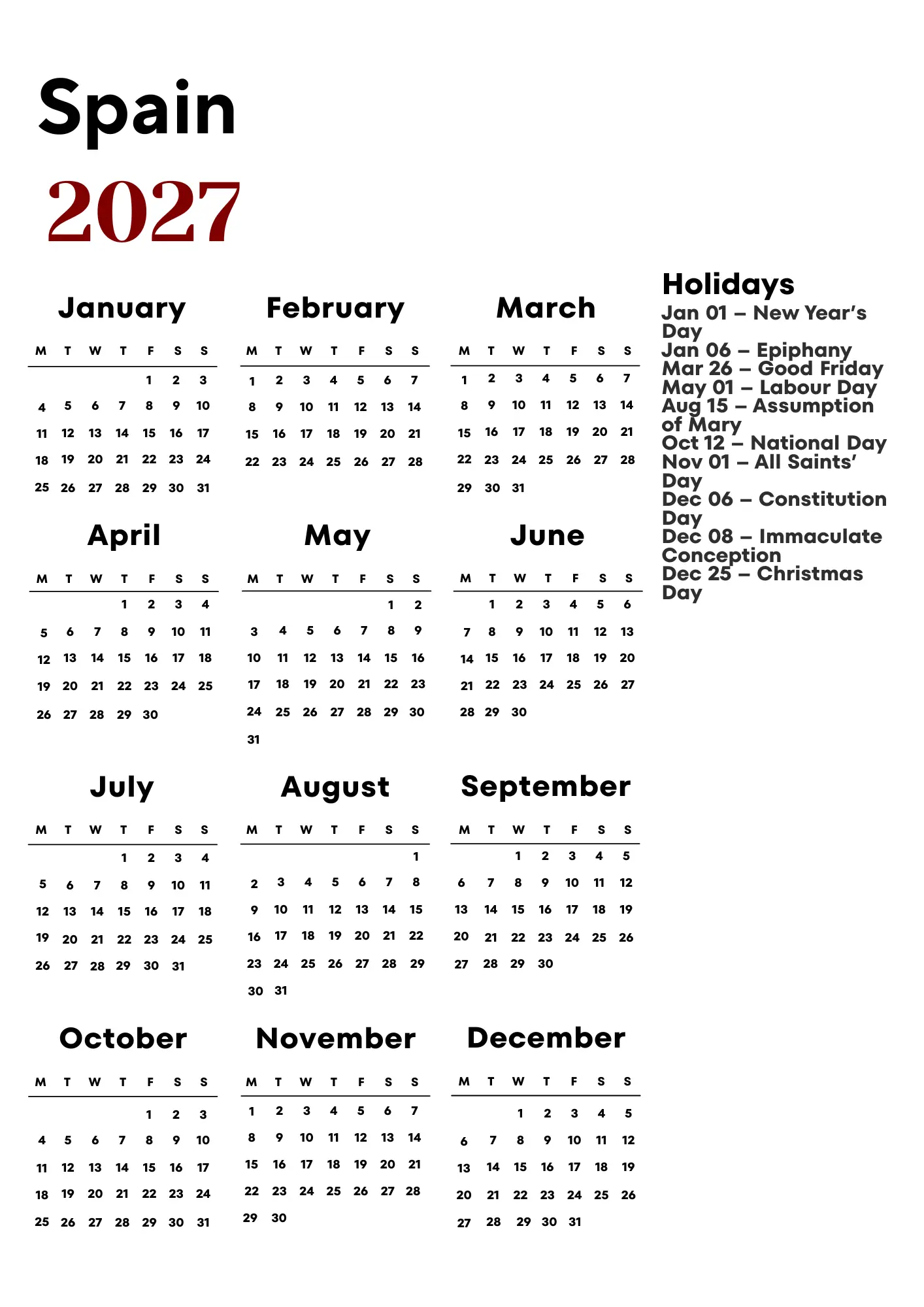 Spain Calendar 2027