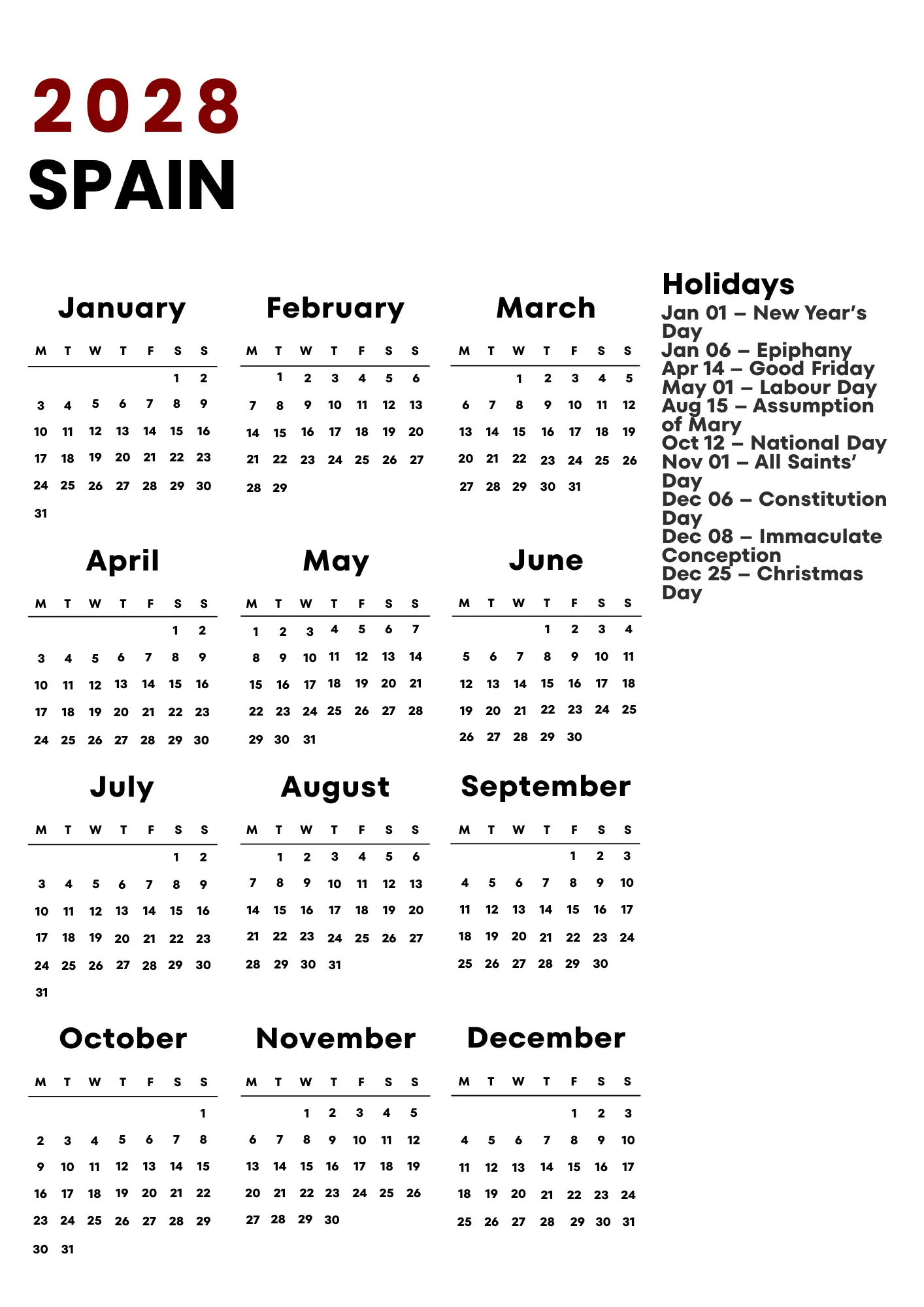 Spain Calendar 2028