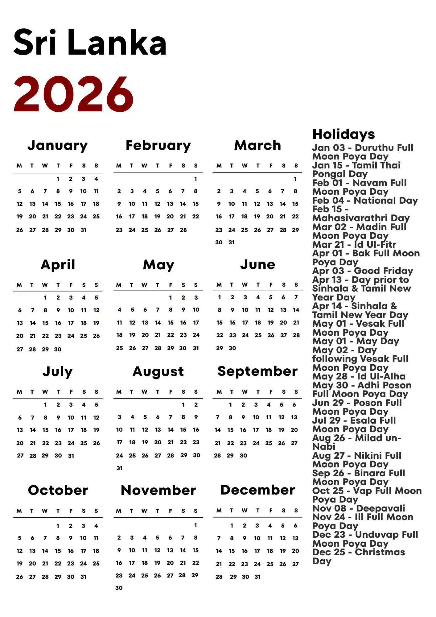 Sri Lanka Calendar 2026