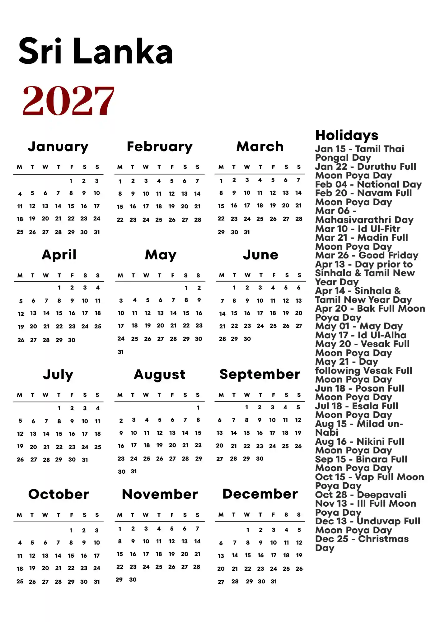 Sri Lanka Calendar 2027