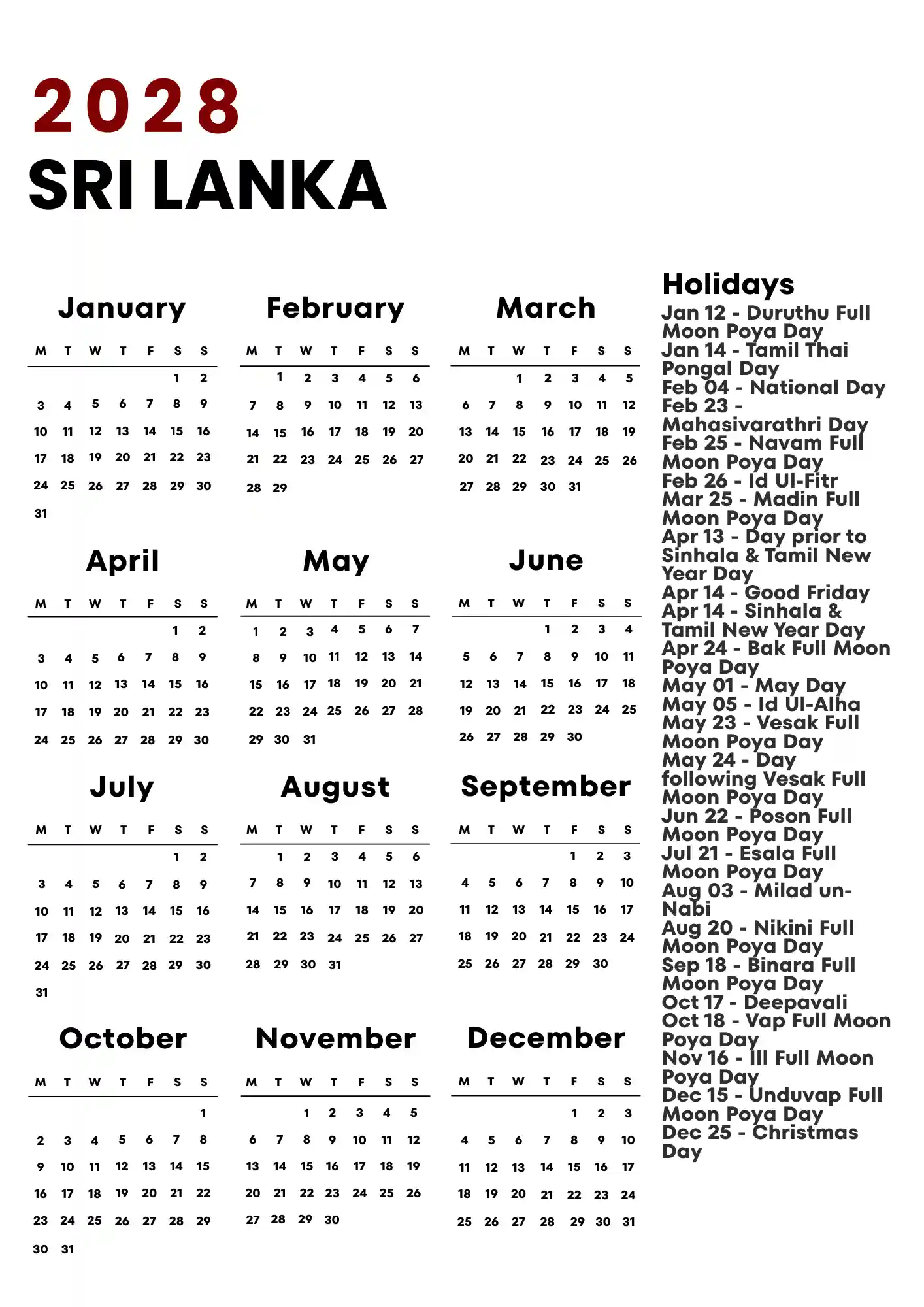 Sri Lanka Calendar 2028