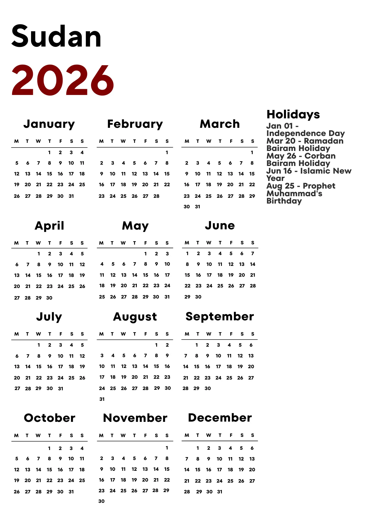 Sudan Calendar 2026