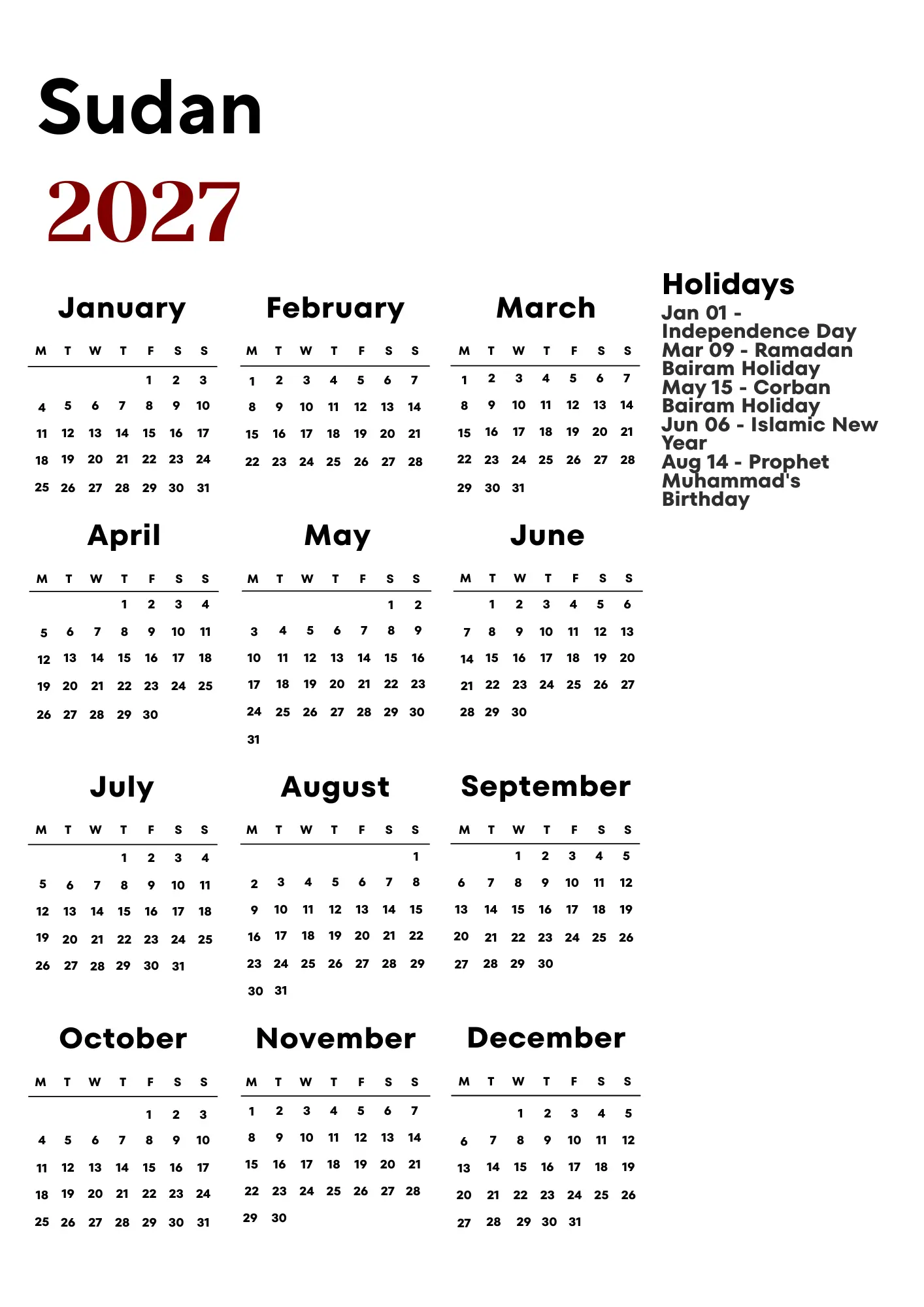 Sudan Calendar 2027