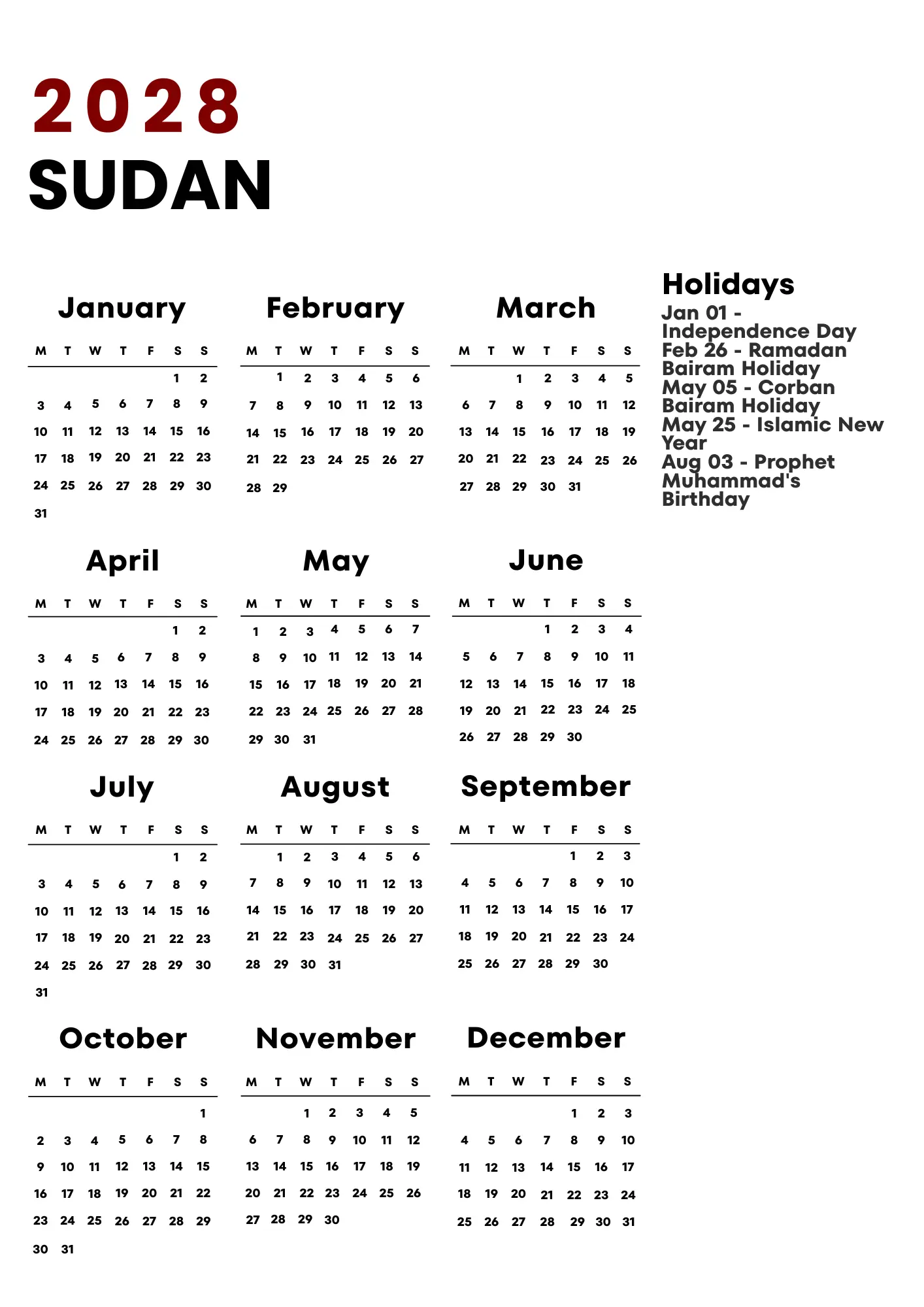 Sudan Calendar 2028