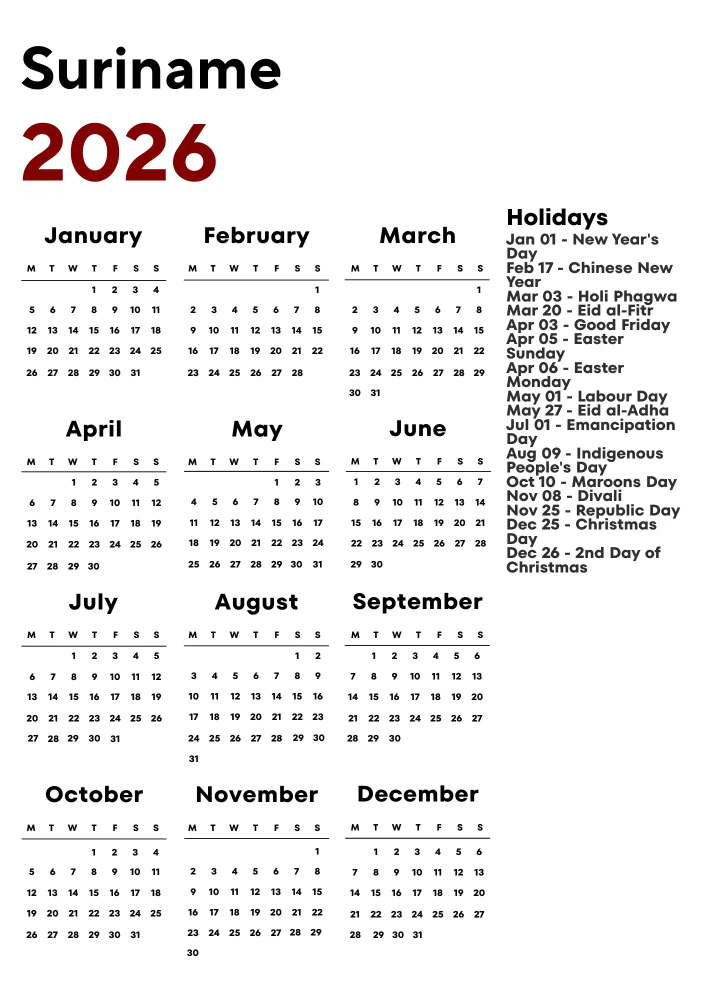 Suriname Calendar 2026