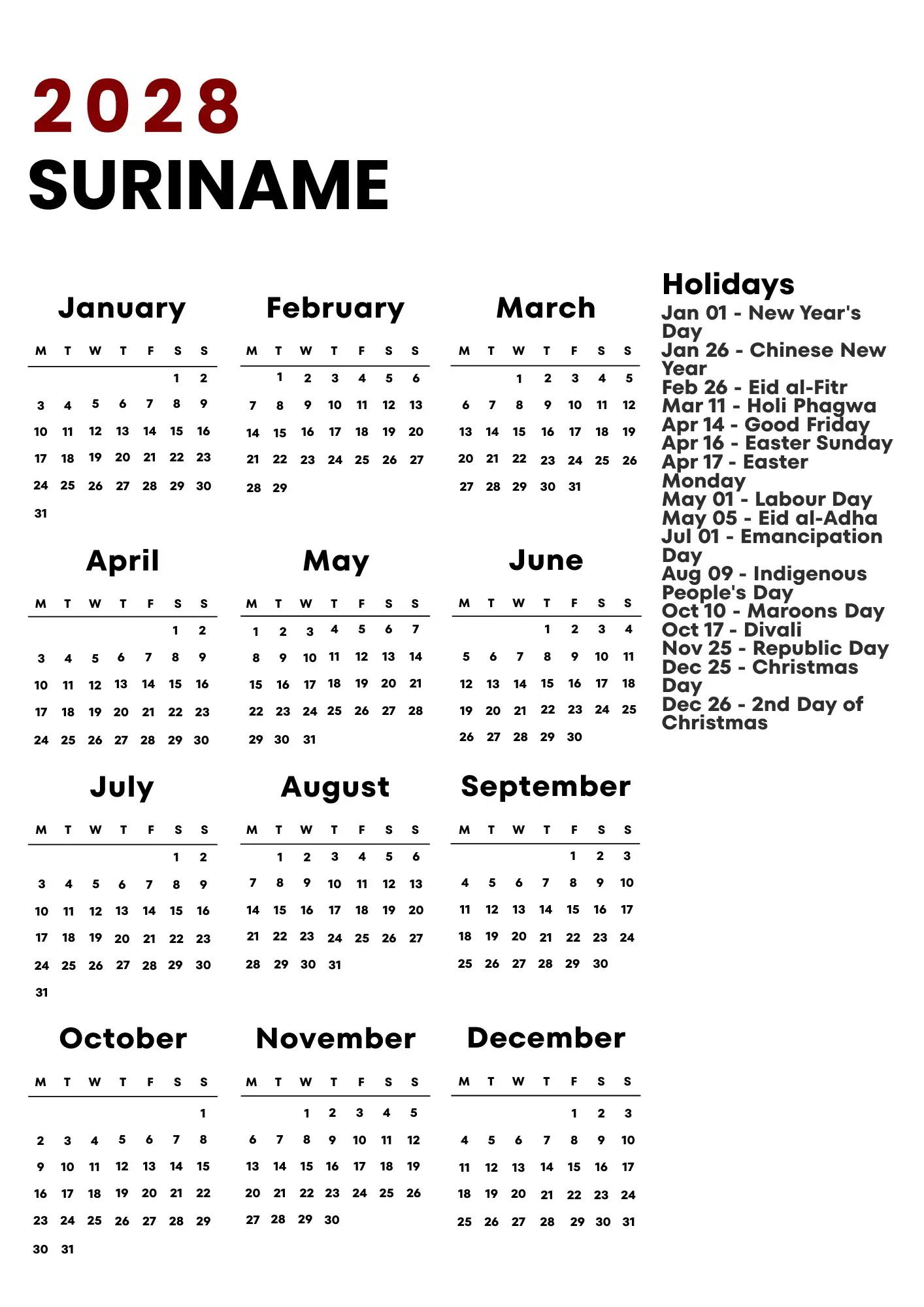 Suriname Calendar 2028