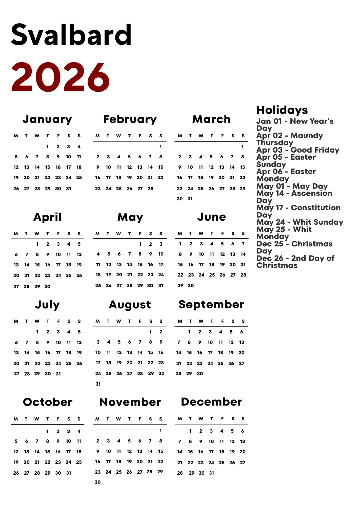 Svalbard Calendar 2026