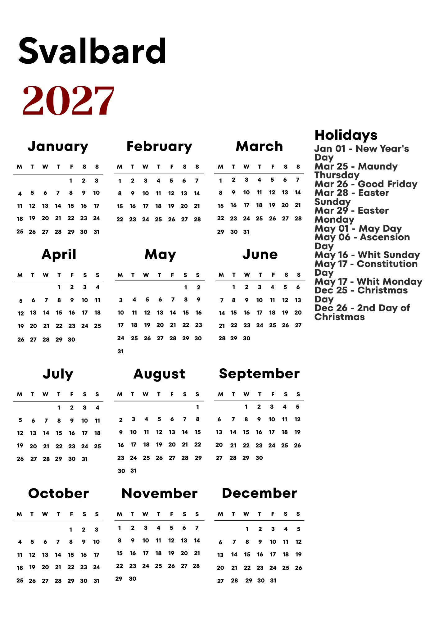 Svalbard Calendar 2027