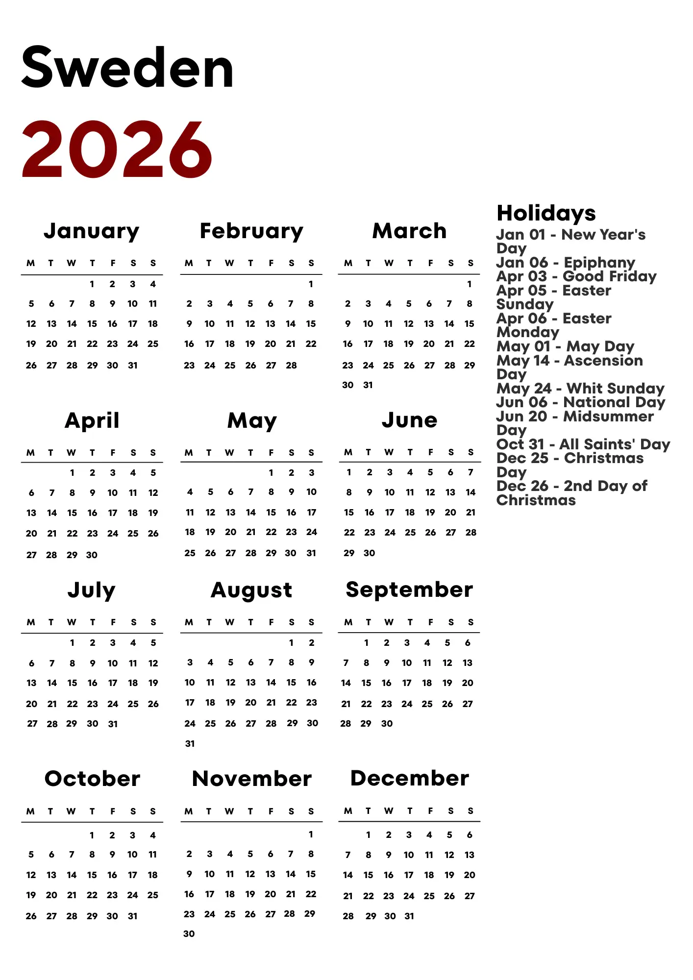 Sweden Calendar 2026