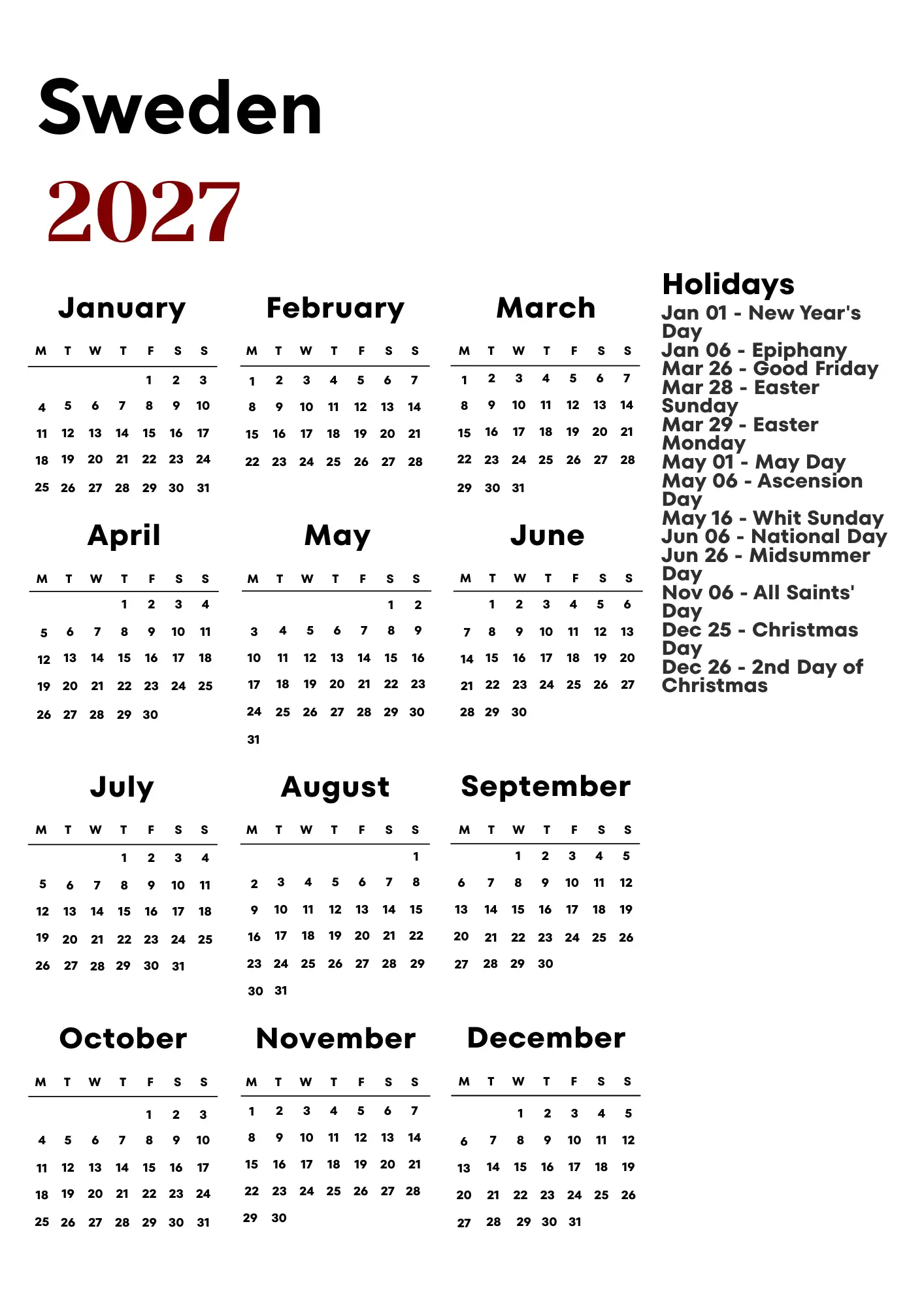 Sweden Calendar 2027