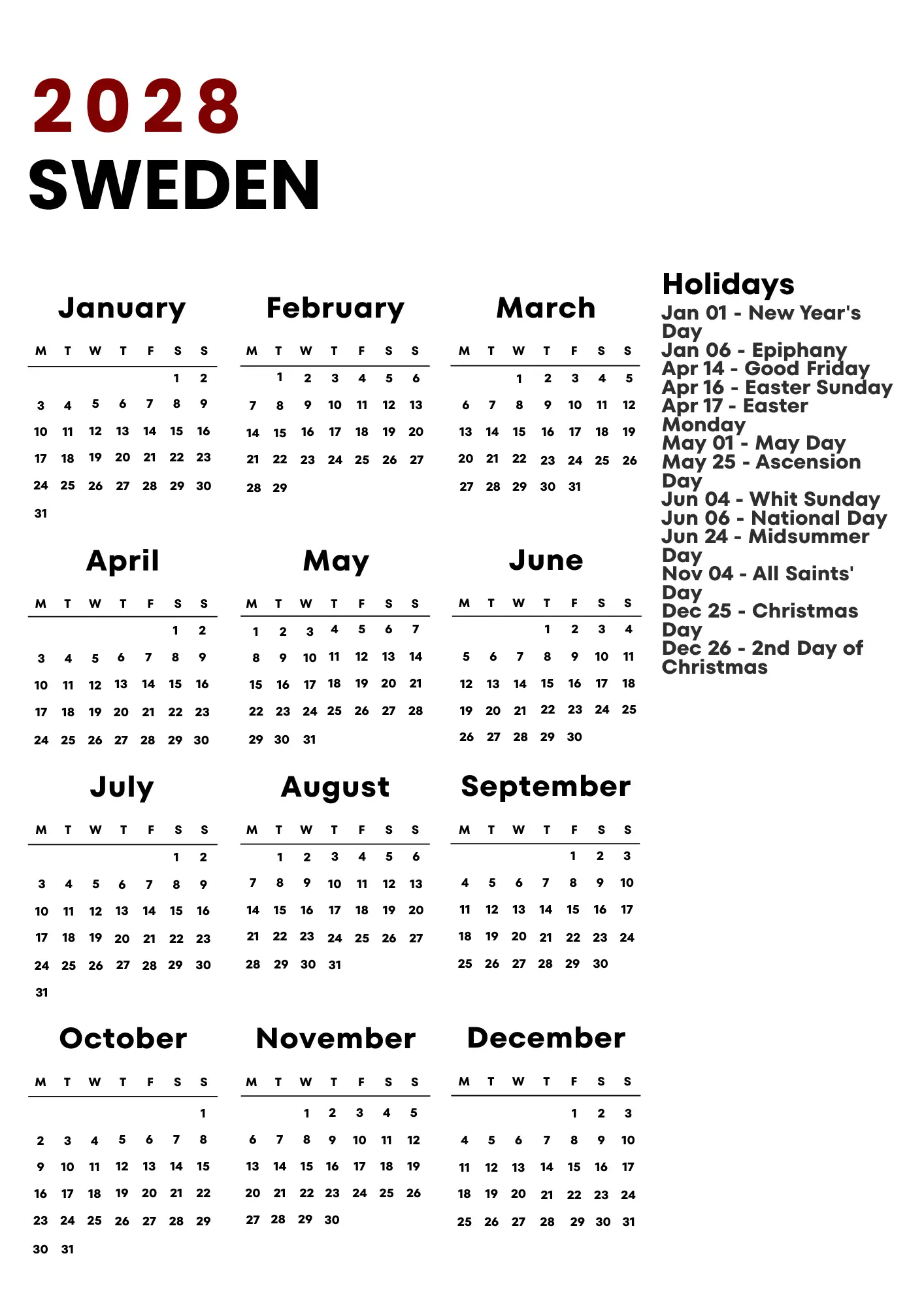 Sweden Calendar 2028