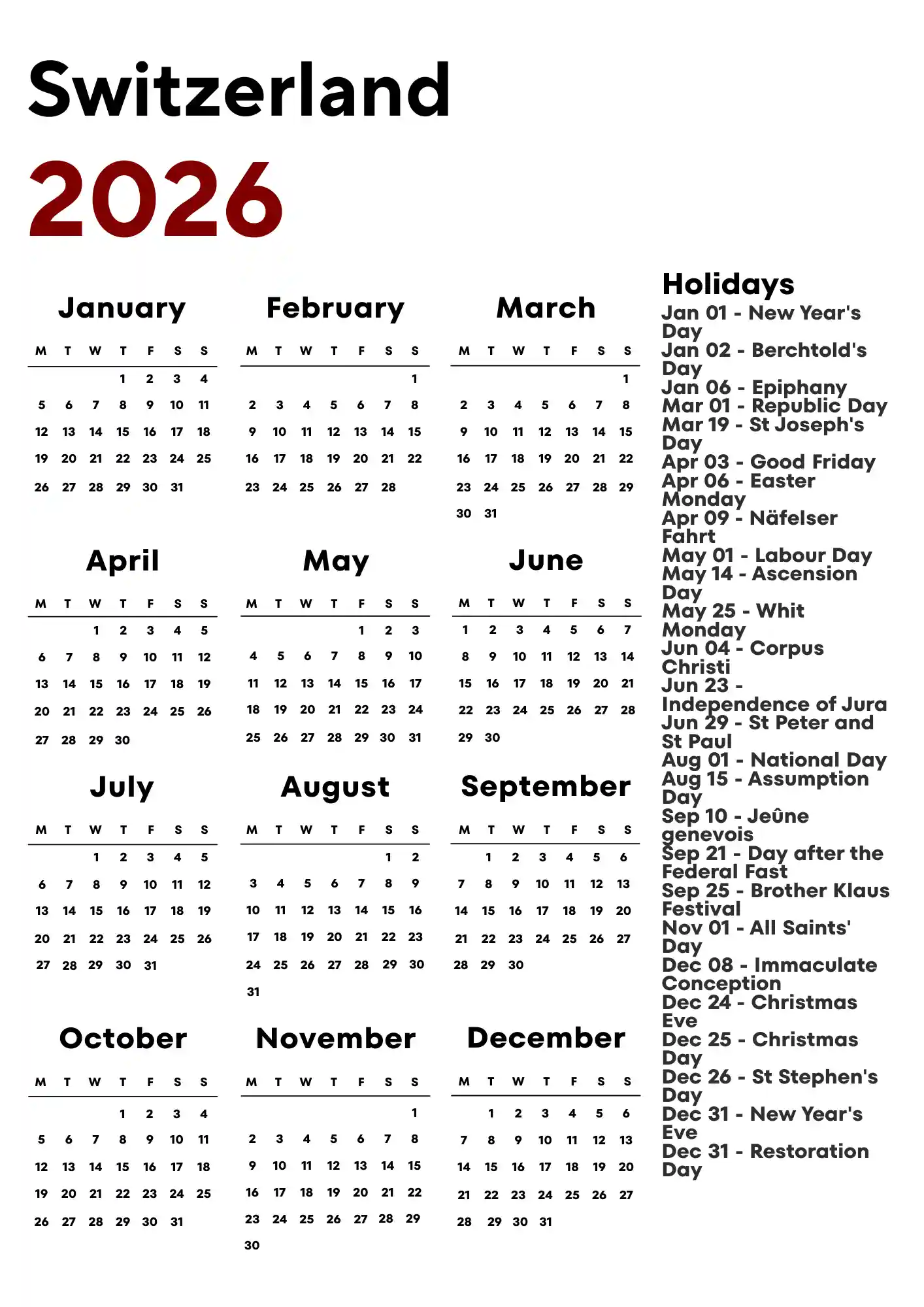 Switzerland Calendar 2026