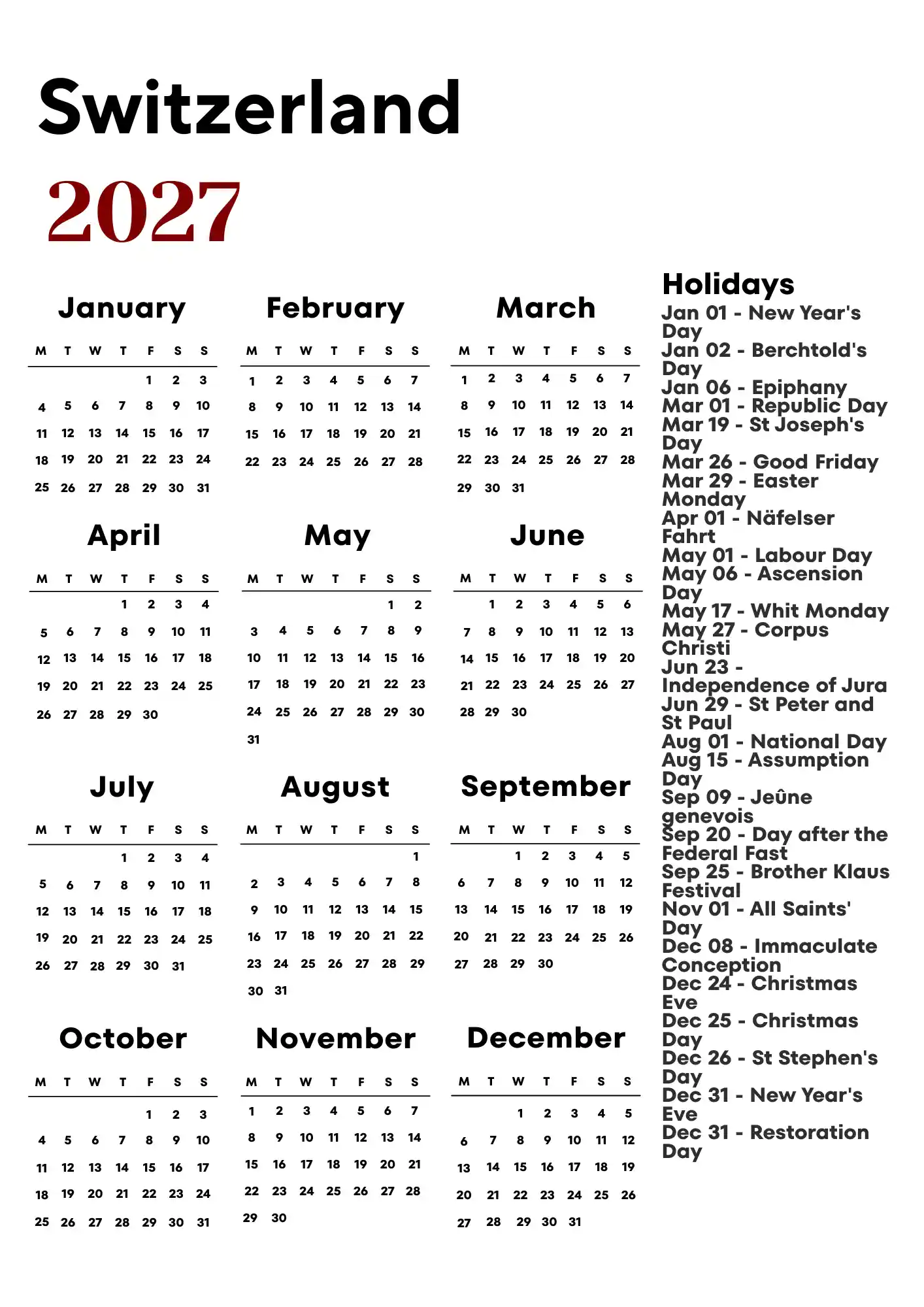 Switzerland Calendar 2027