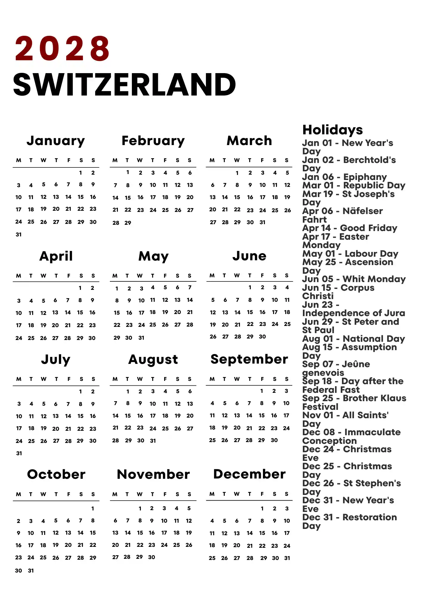 Switzerland Calendar 2028