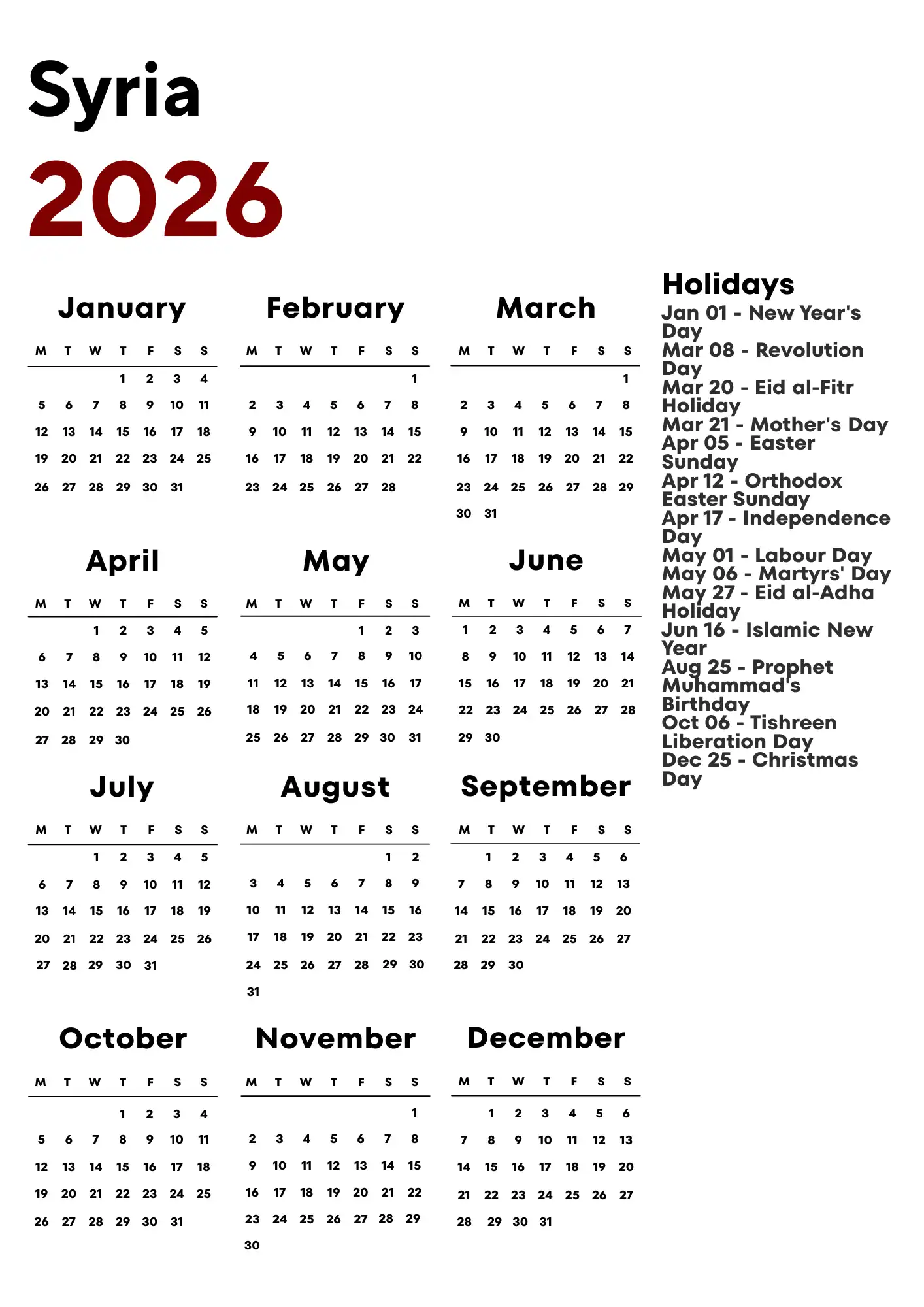 Syria Calendar 2026