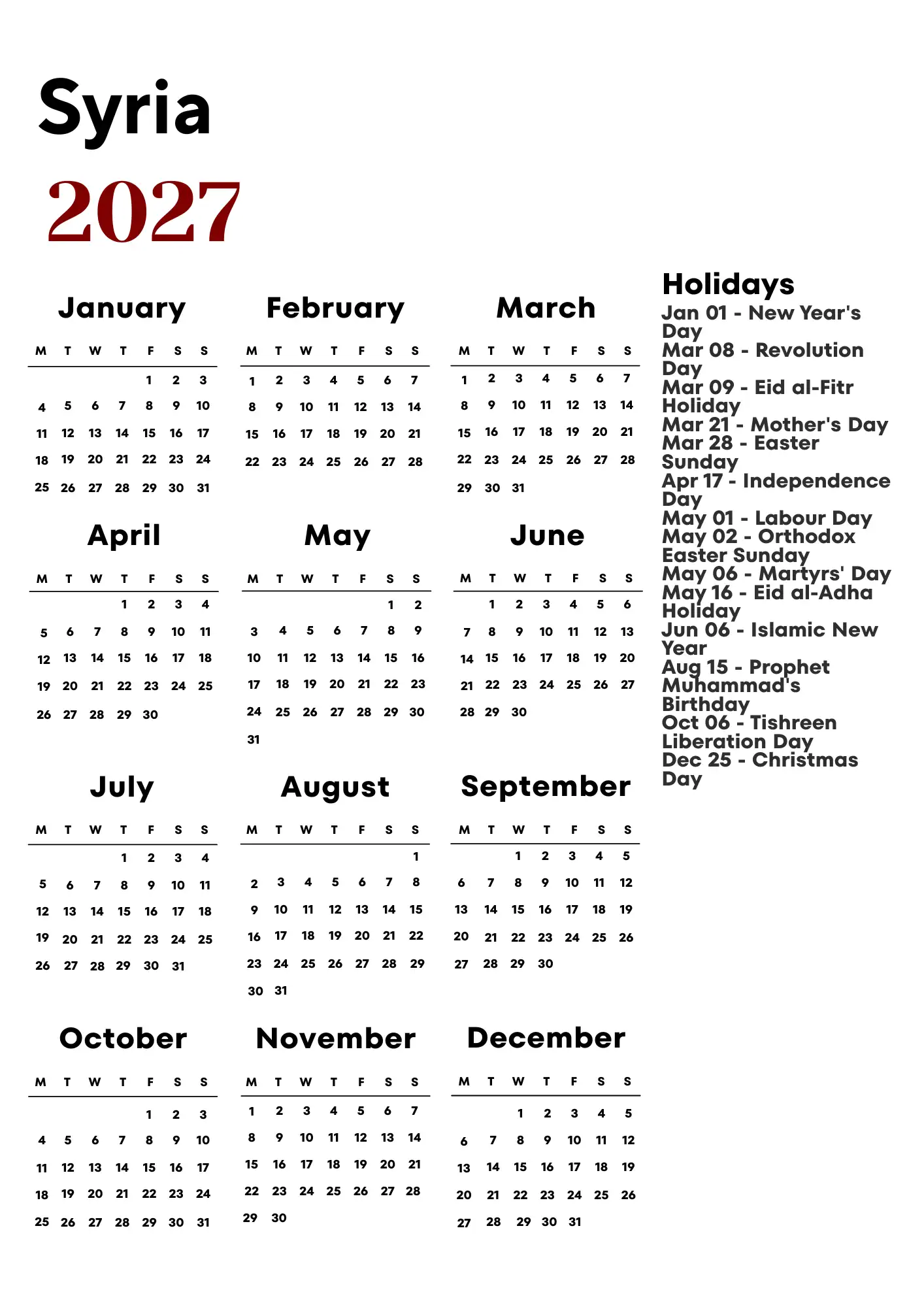 Syria Calendar 2027