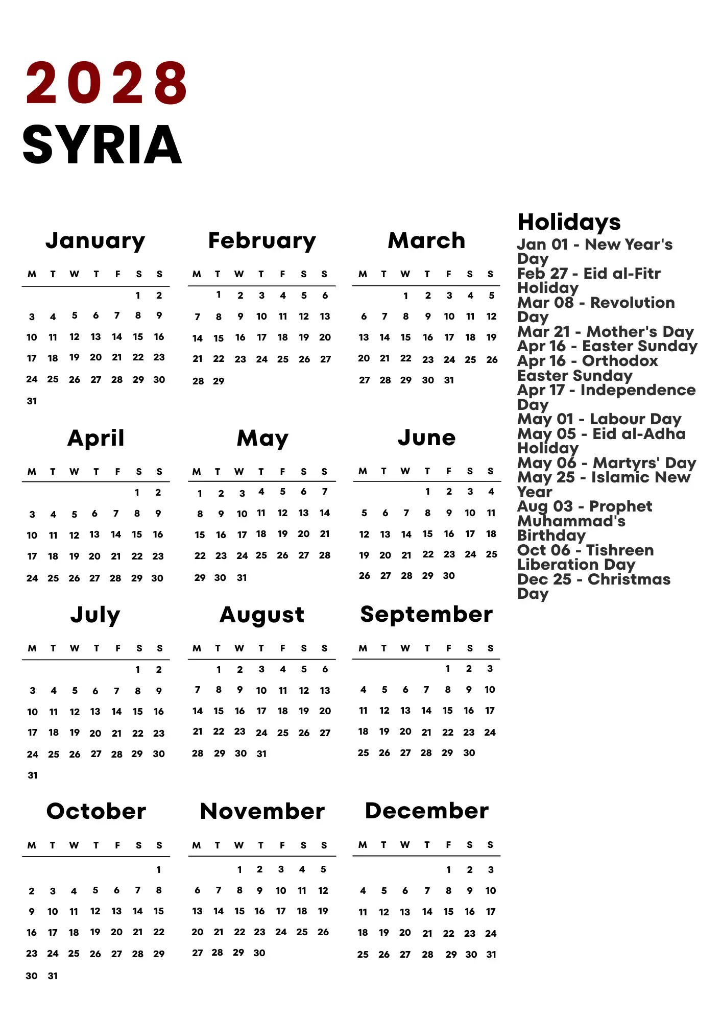 Syria Calendar 2028