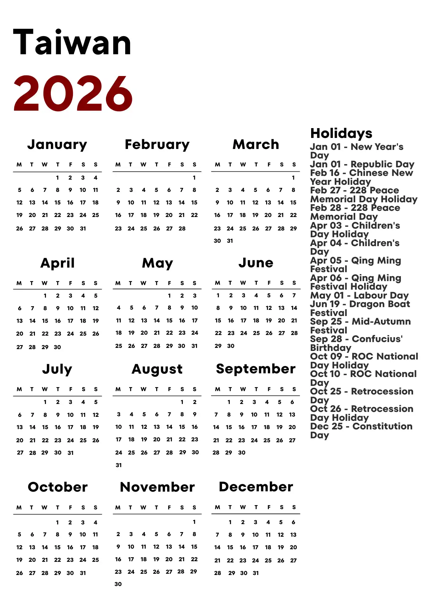 Taiwan Calendar 2026
