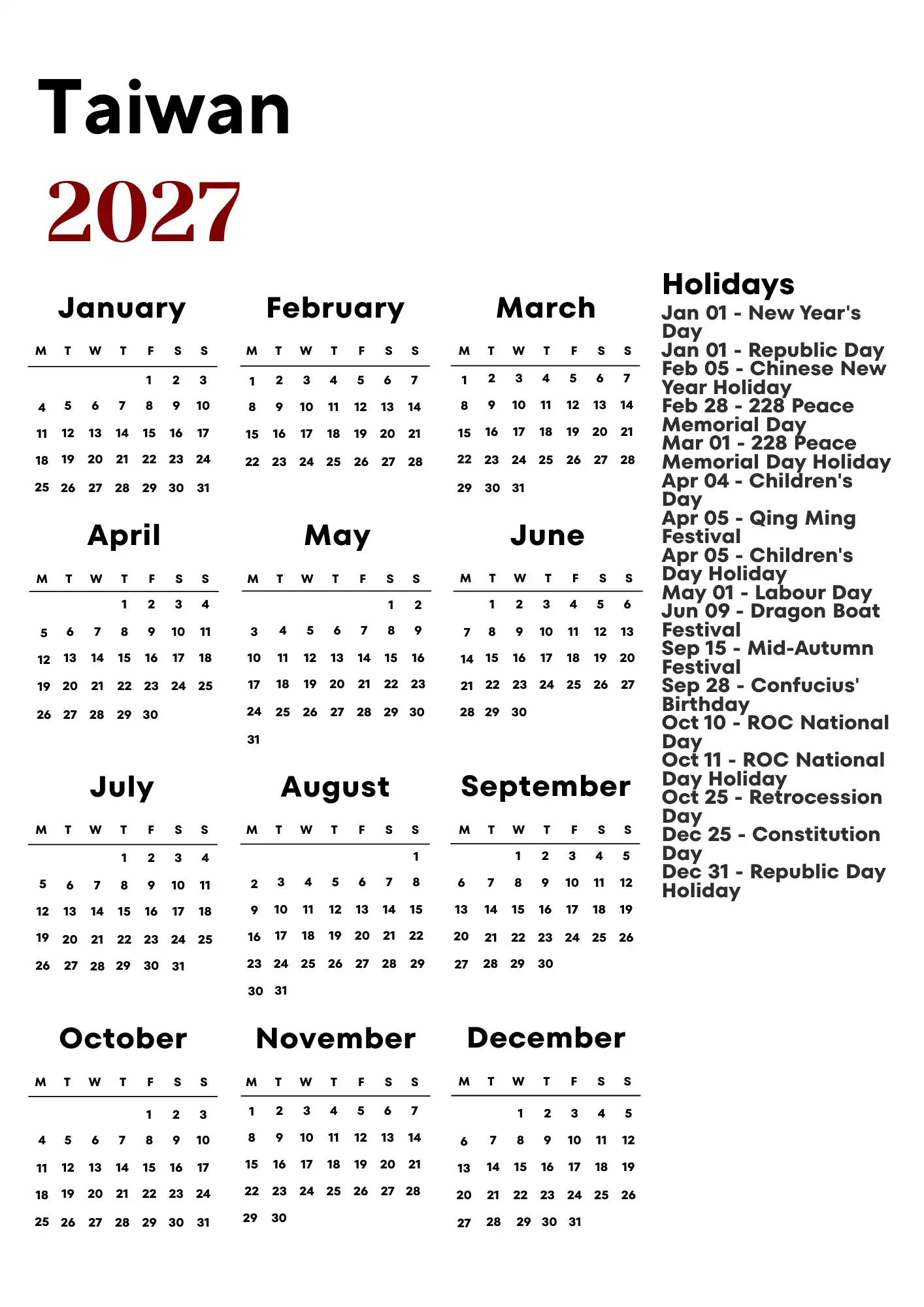 Taiwan Calendar 2027