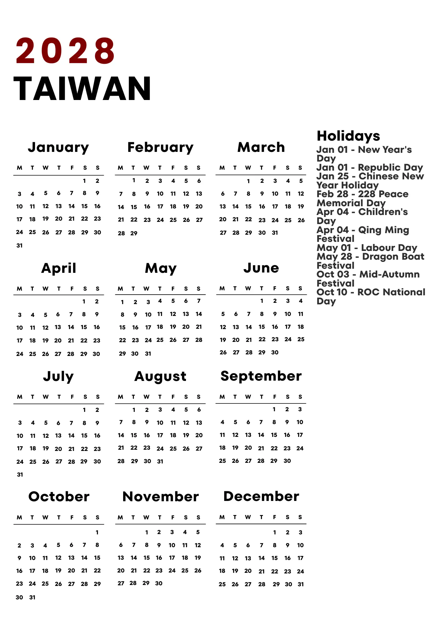 Taiwan Calendar 2028