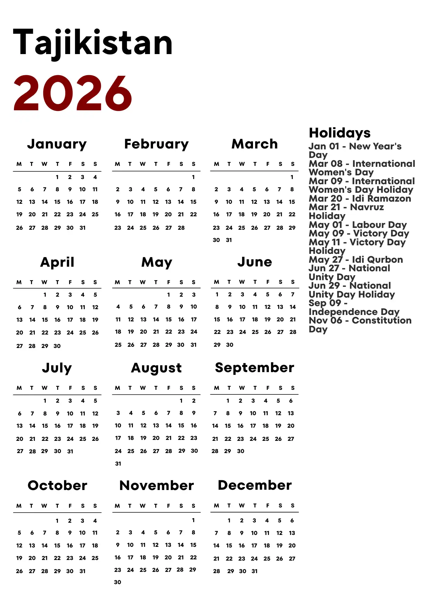 Tajikistan Calendar 2026