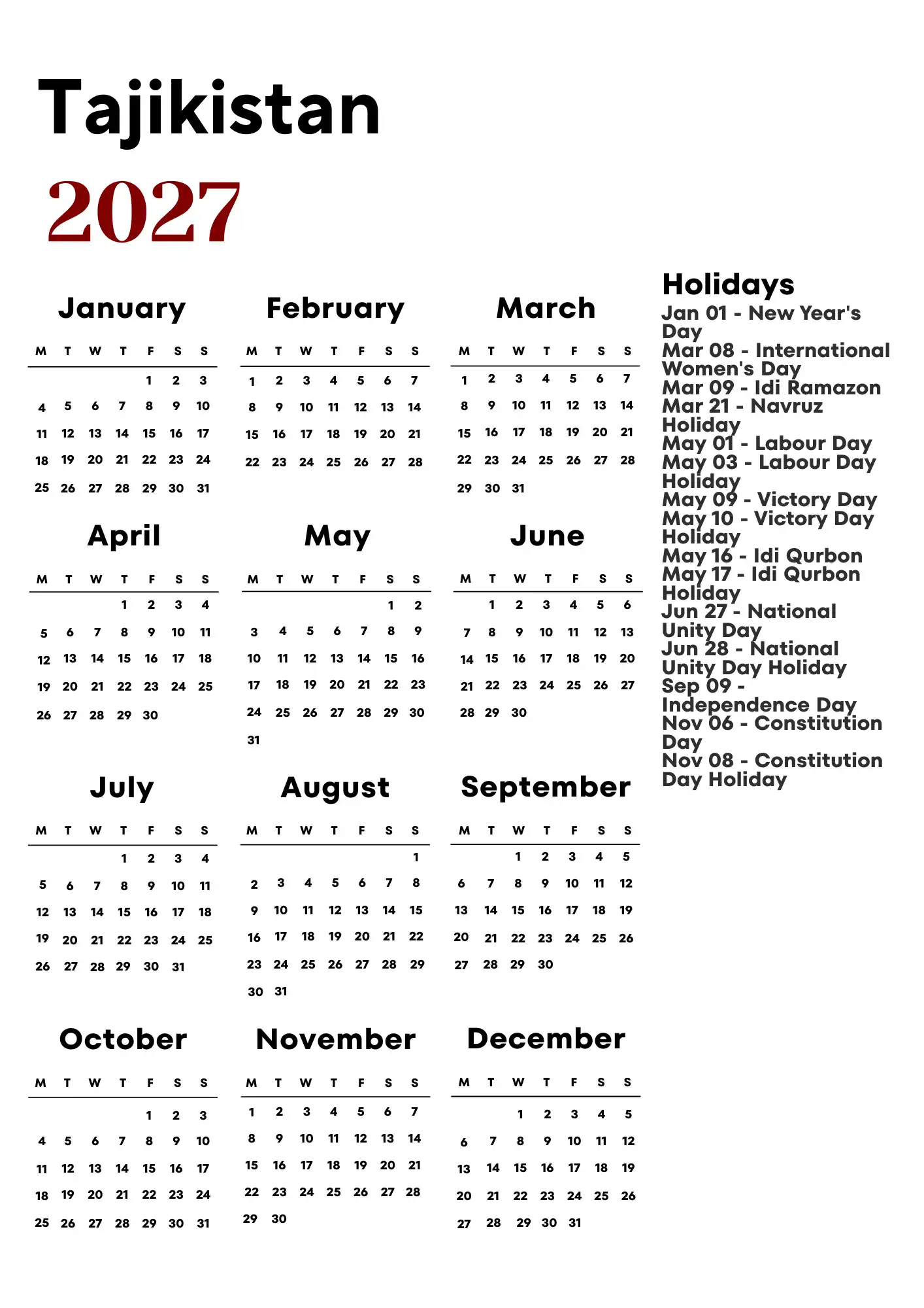 Tajikistan Calendar 2027
