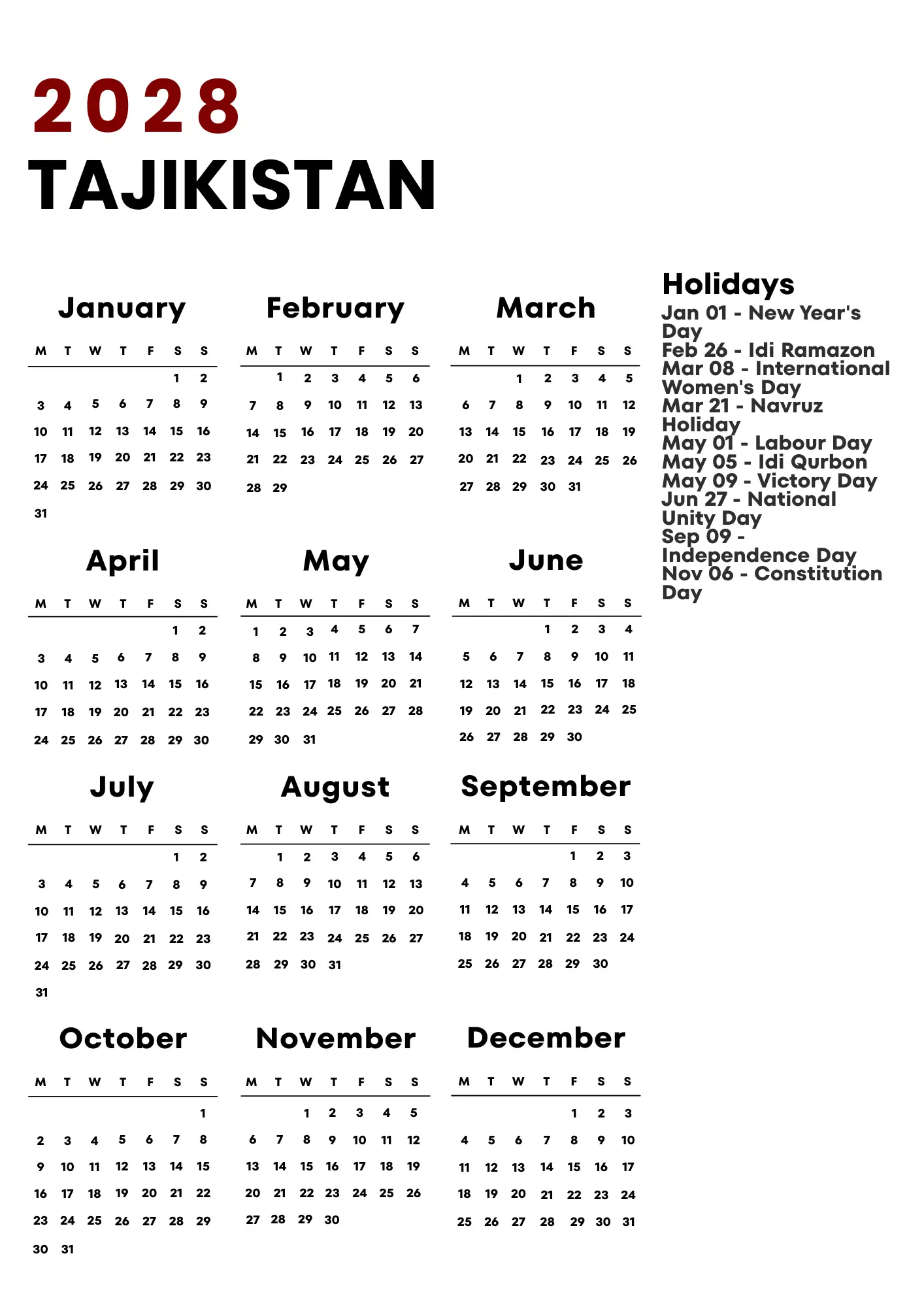 Tajikistan Calendar 2028