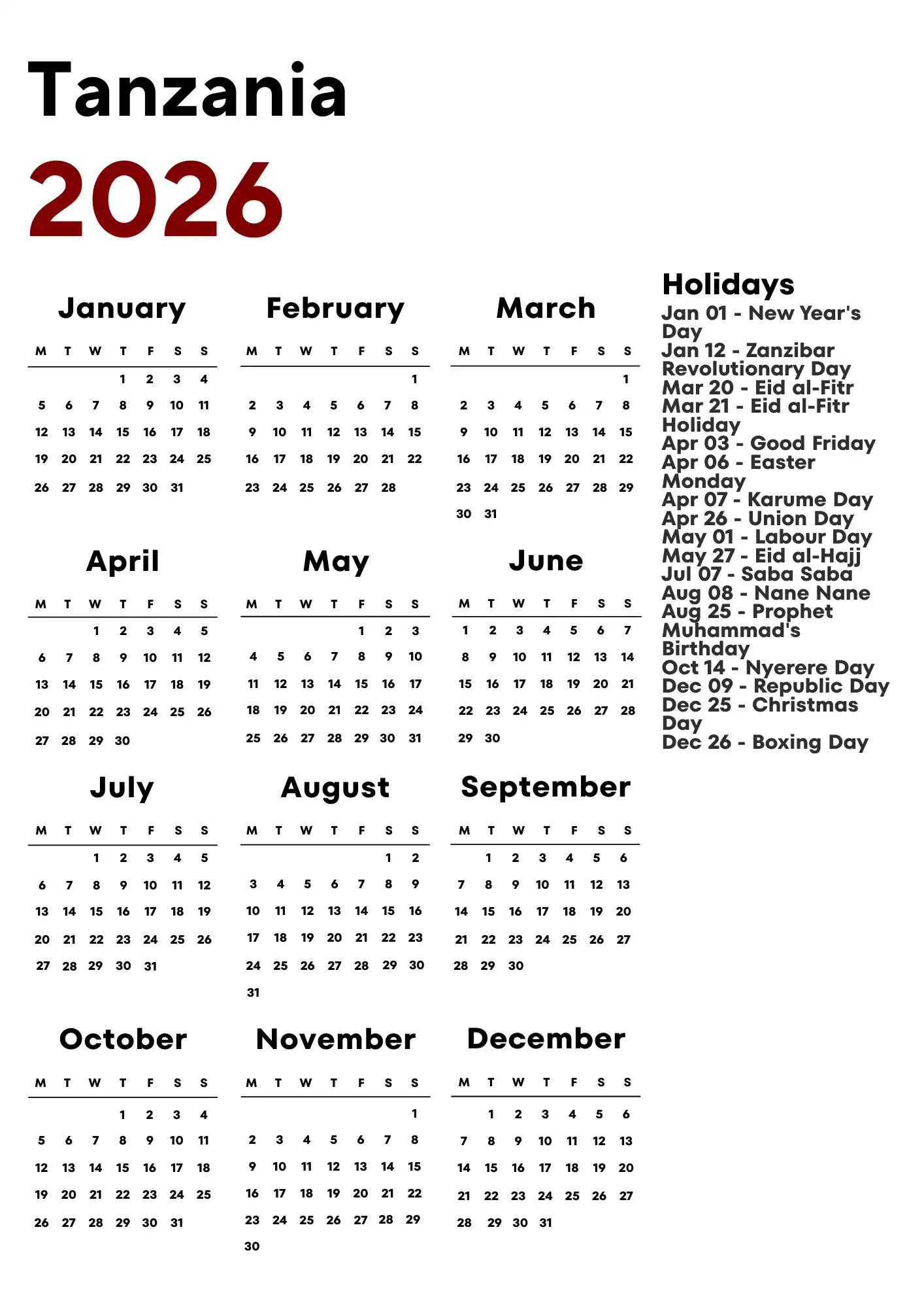 Tanzania Calendar 2026