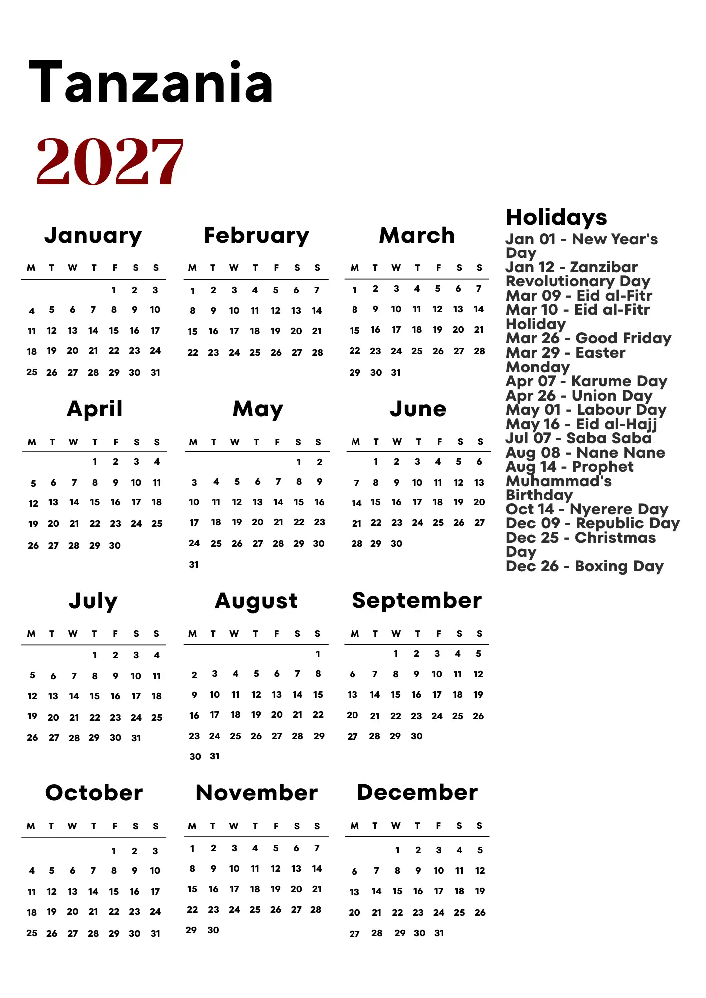 Tanzania Calendar 2027