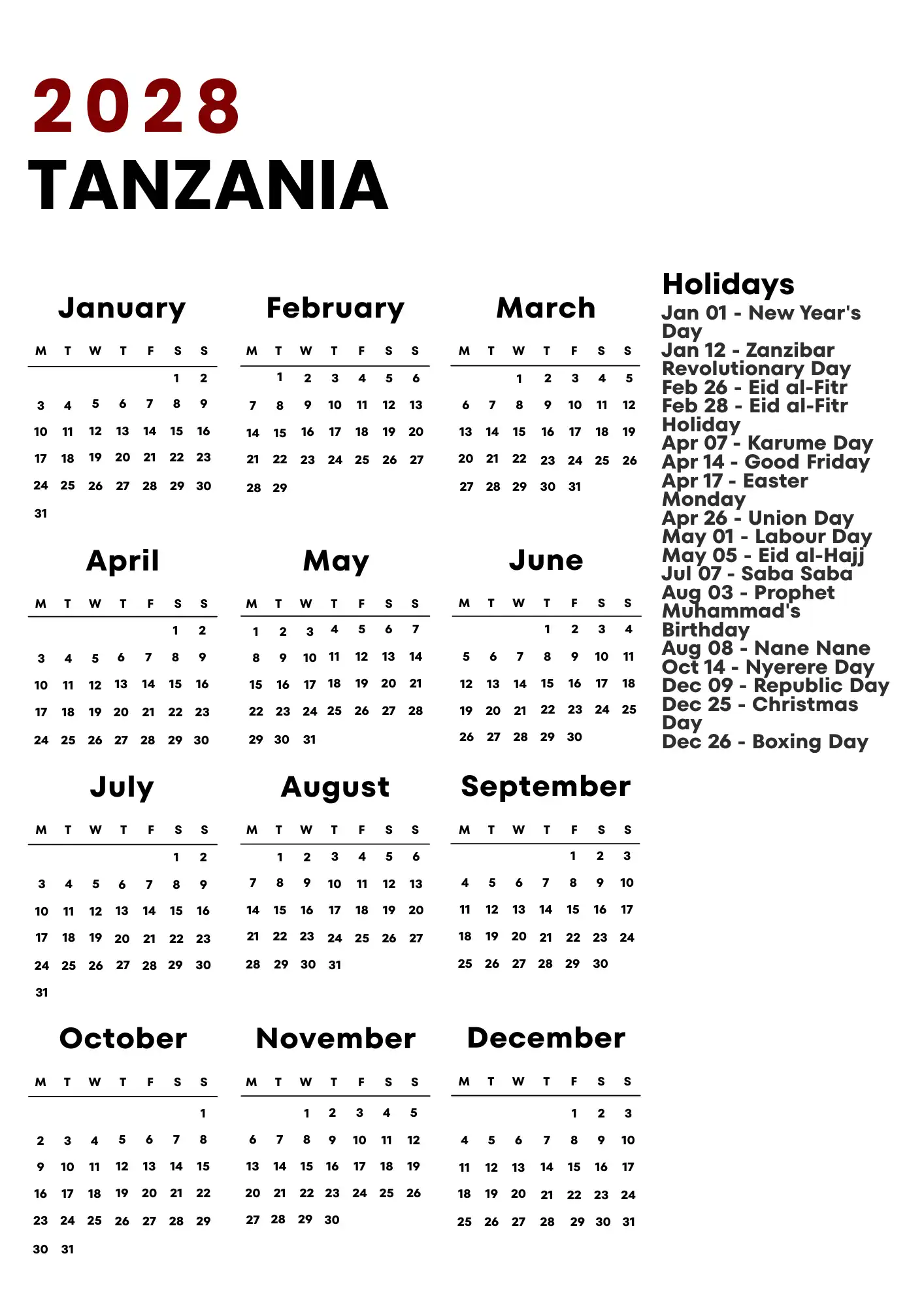 Tanzania Calendar 2028
